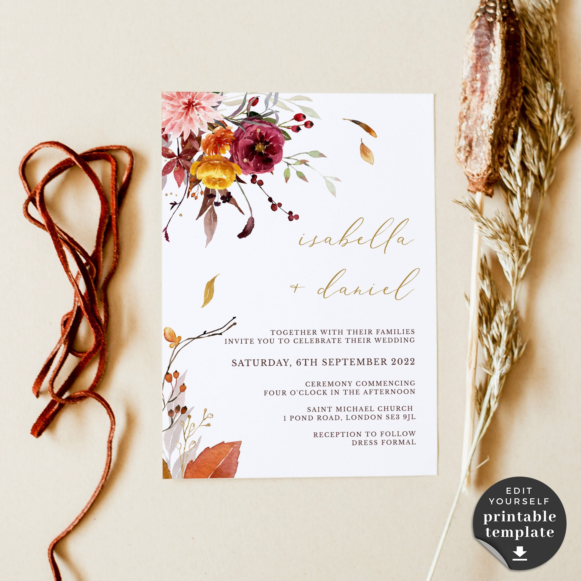 Ambra | Fall Wedding Invitation Template with RSVP