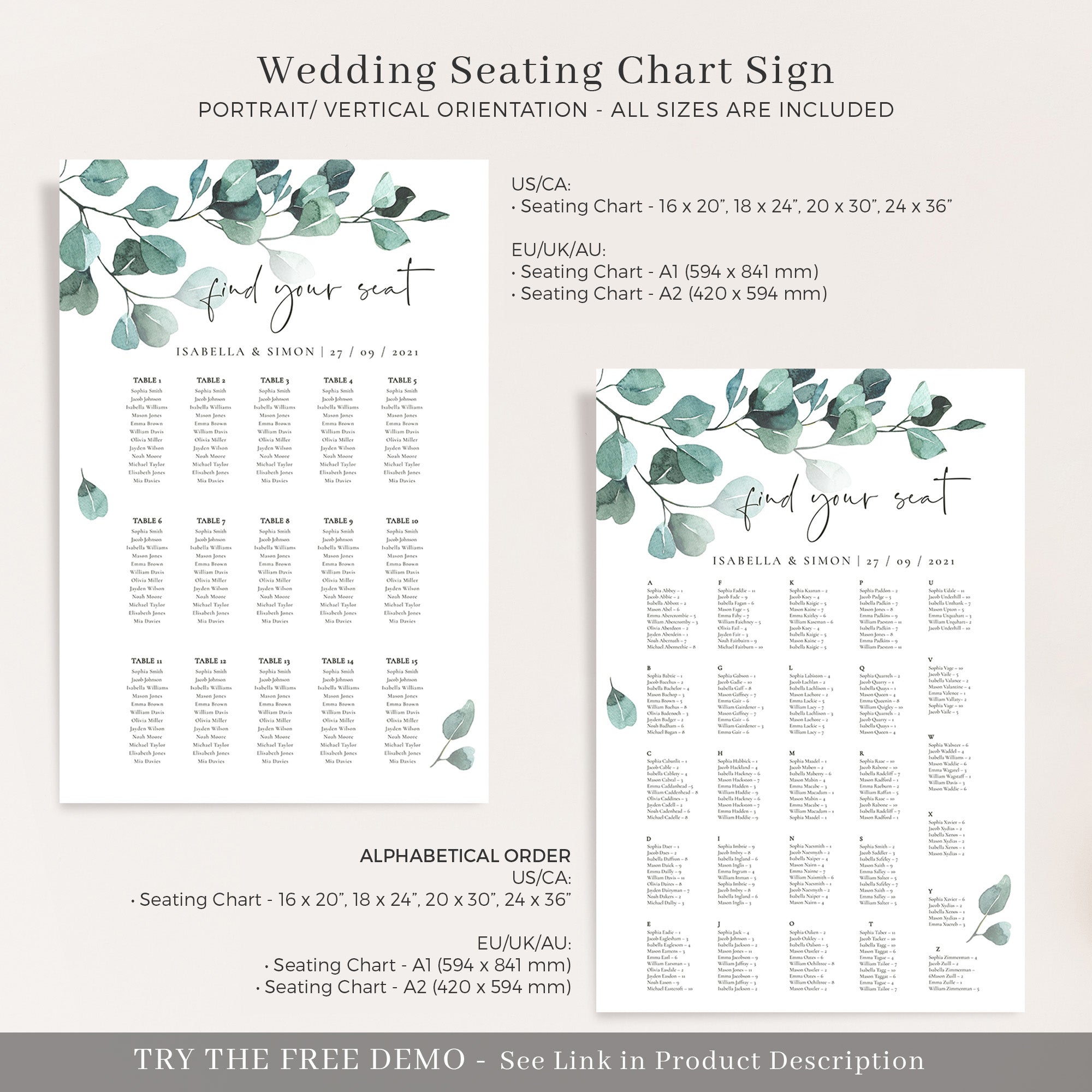 Luisa | Eucalyptus Wedding Seating Plan Template