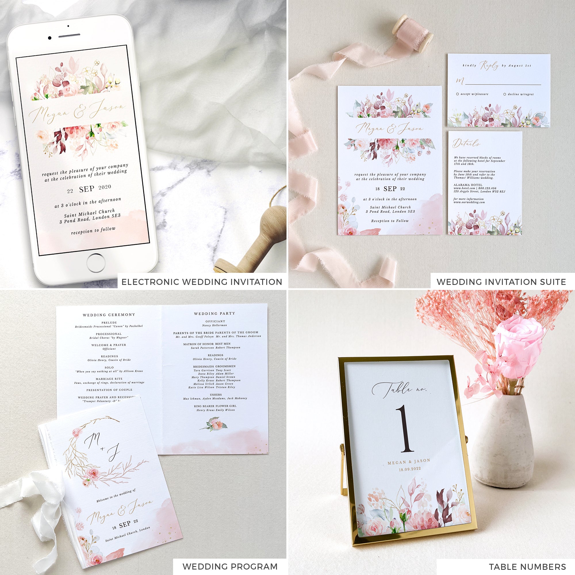 Fiorella Romantic Wedding Printable Stationery Templates Bundle