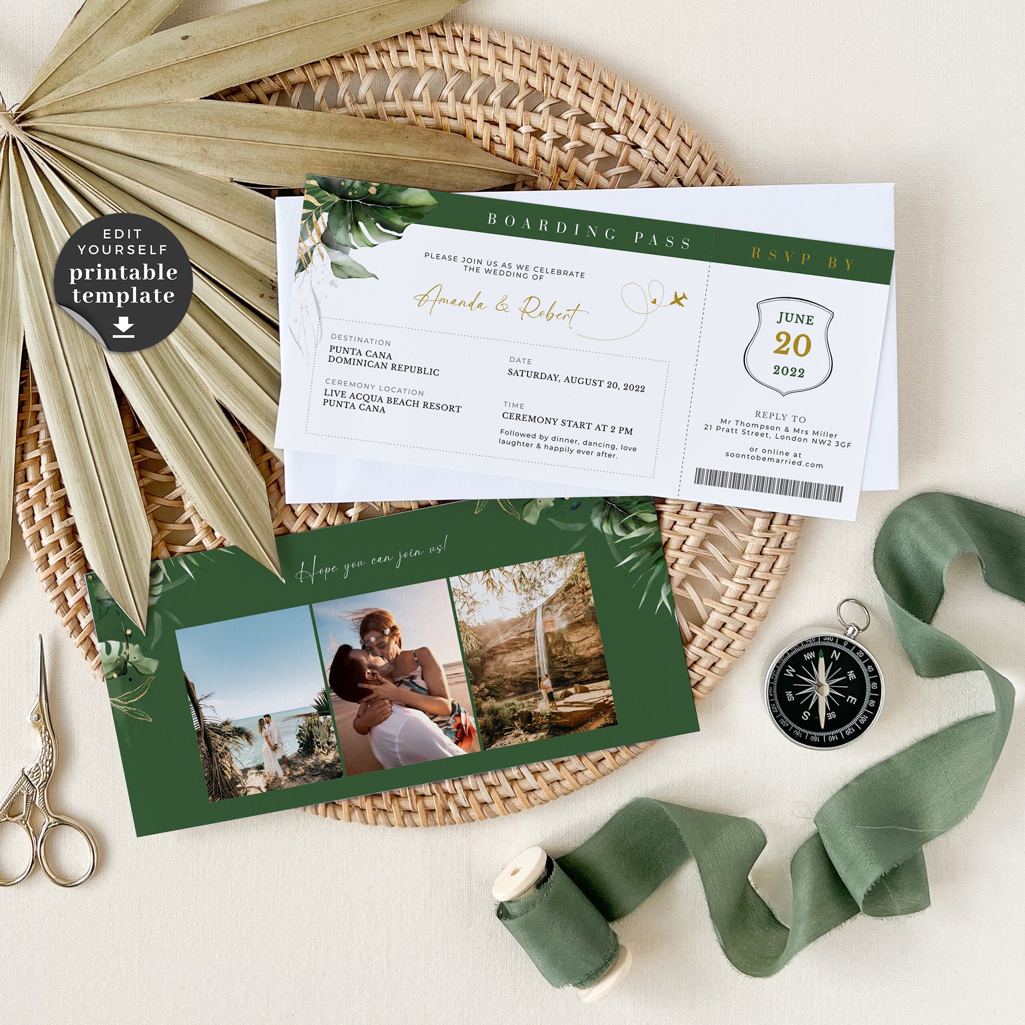 Palma | Tropical Ticket Boarding Pass Wedding Invitation Template