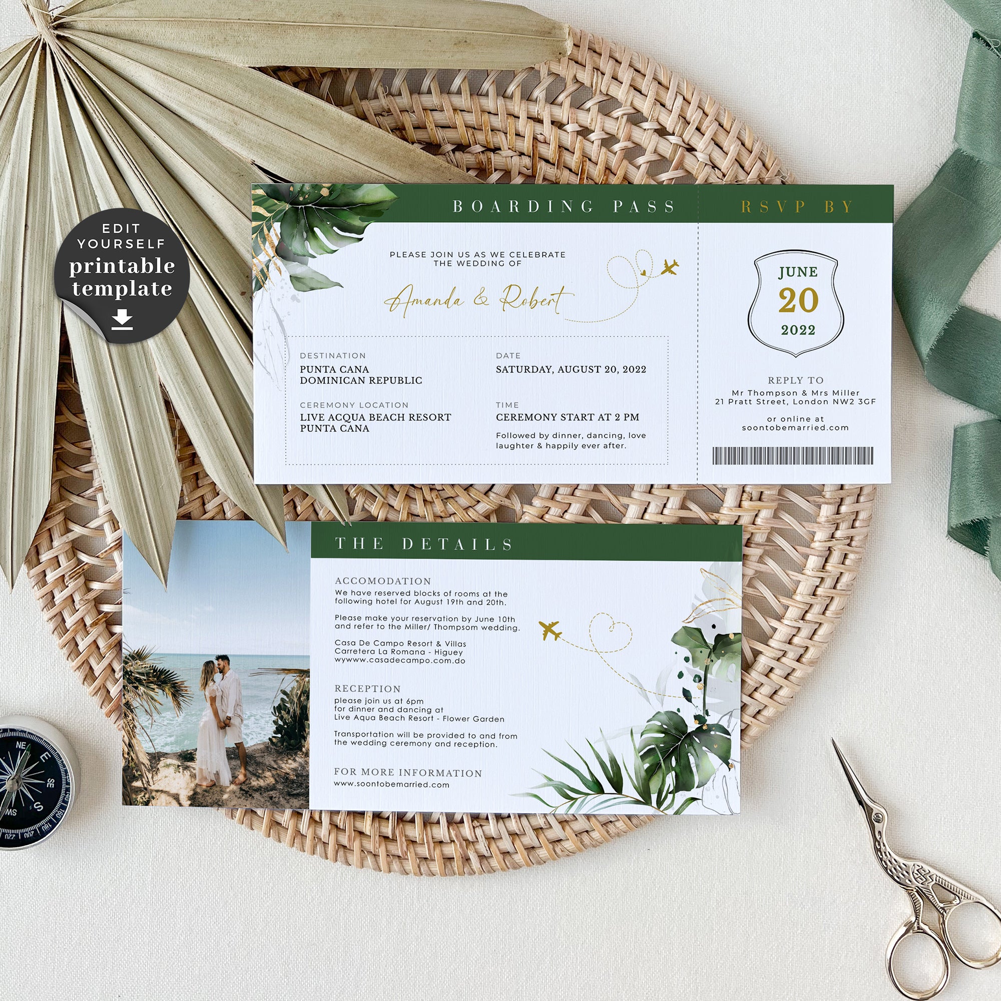 Palma | Tropical Ticket Boarding Pass Wedding Invitation Template