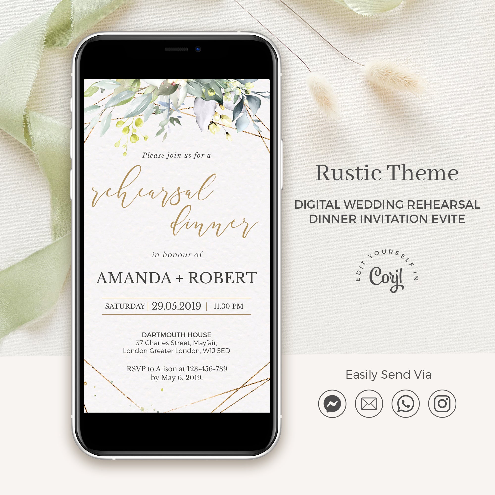 FLORA Greenery Rehearsal Dinner Digital Invitation