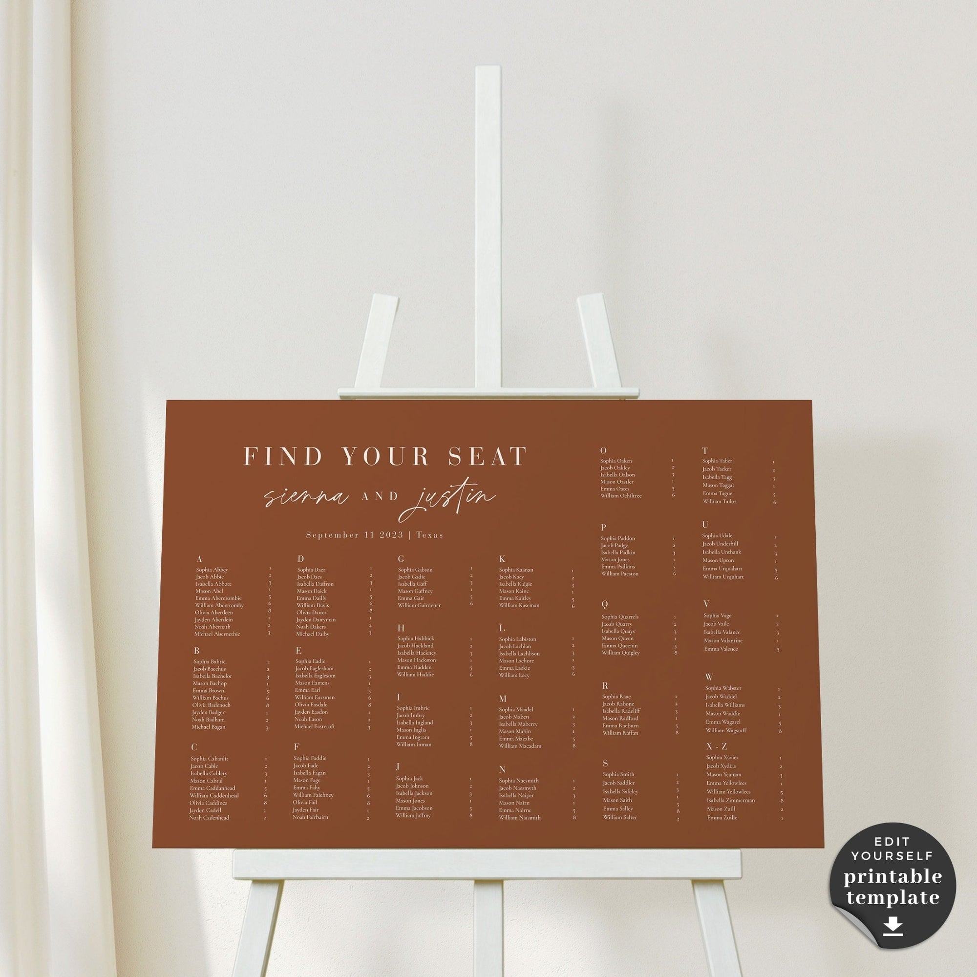 SIENNA Alphabetical Seating Chart Wedding Template