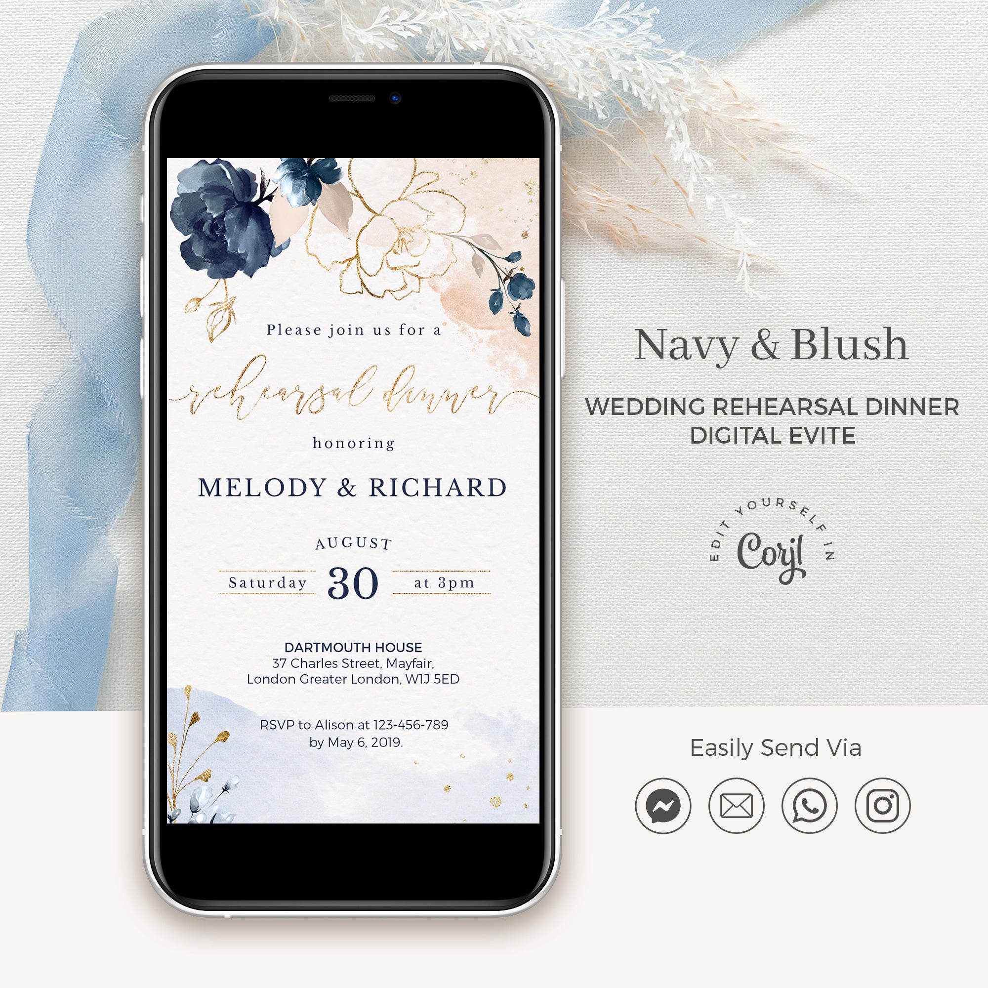 Antea | Blush Navy Rehearsal Dinner Digital Invitation