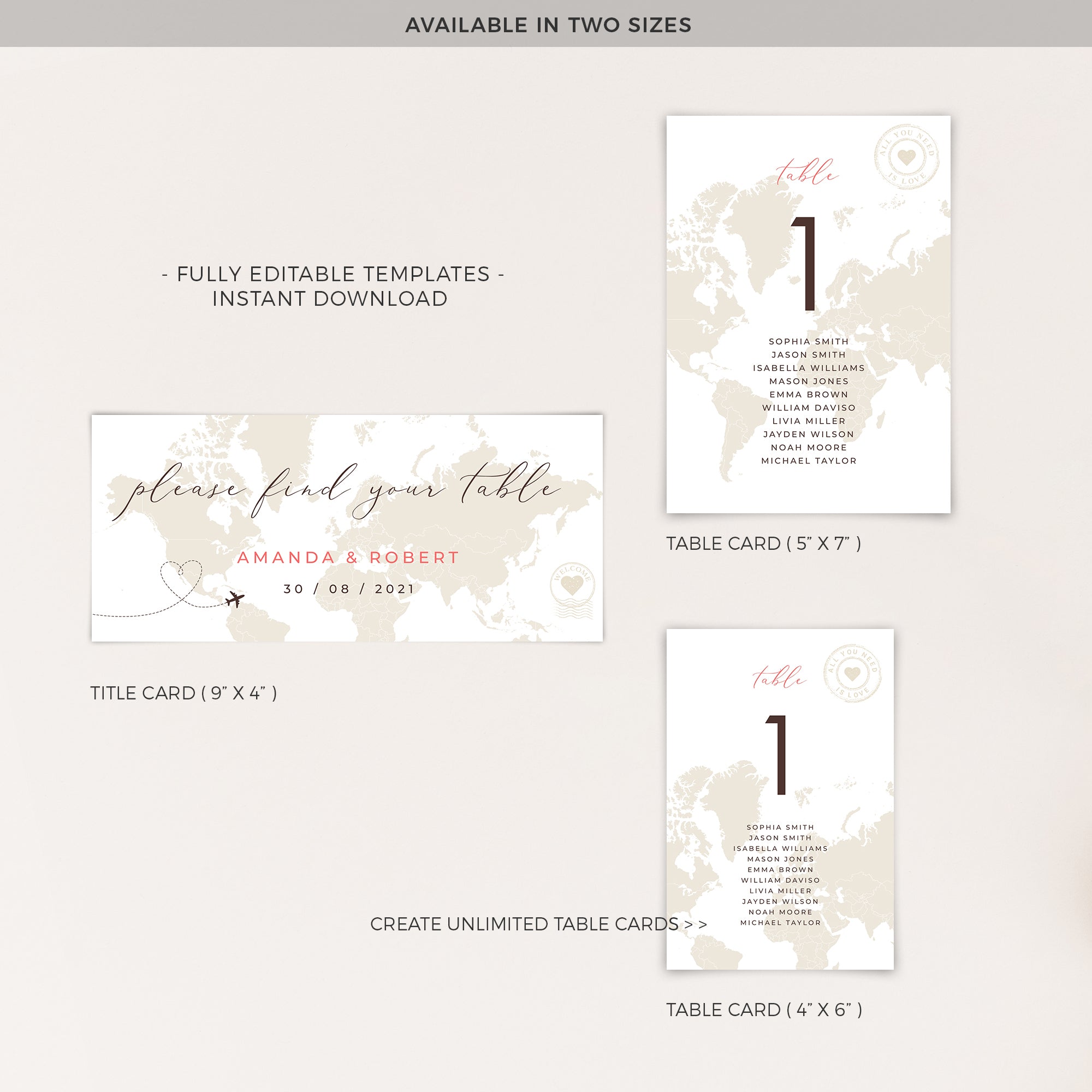Sofia| World Map Wedding Seating Cards Template