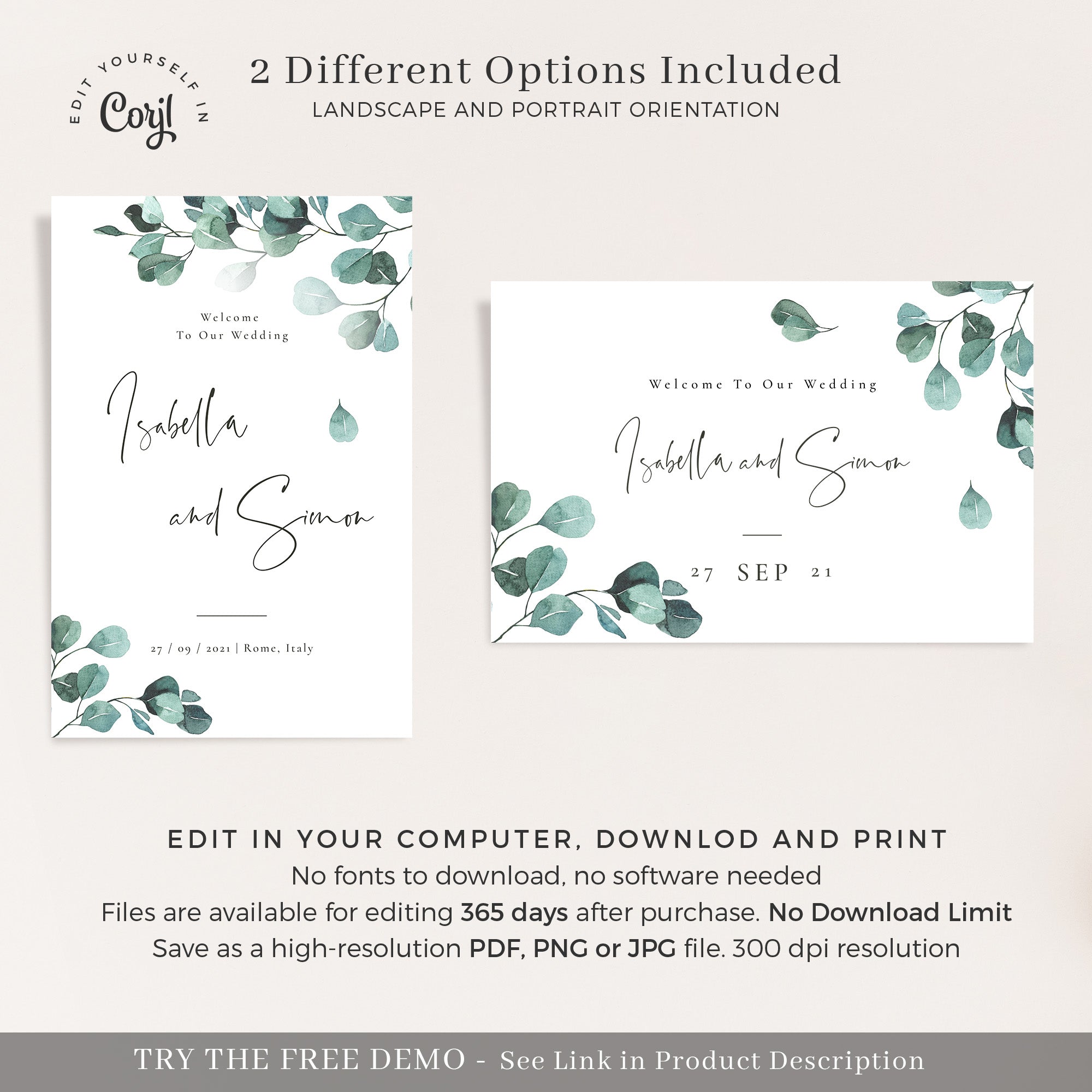 Luisa | Eucalyptus Wedding Welcome Sign Template