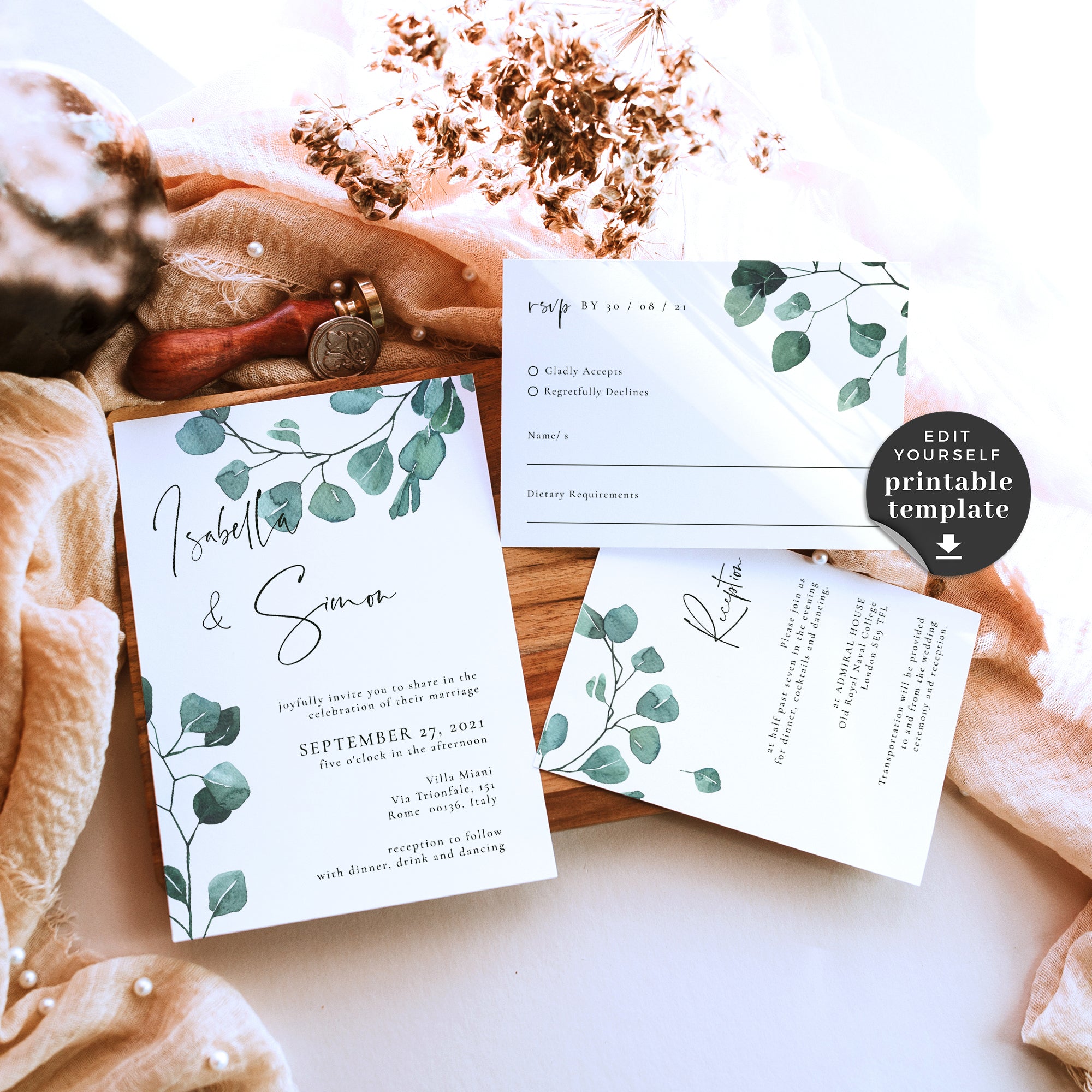 Luisa | Eucalyptus Wedding Invitation Set Template