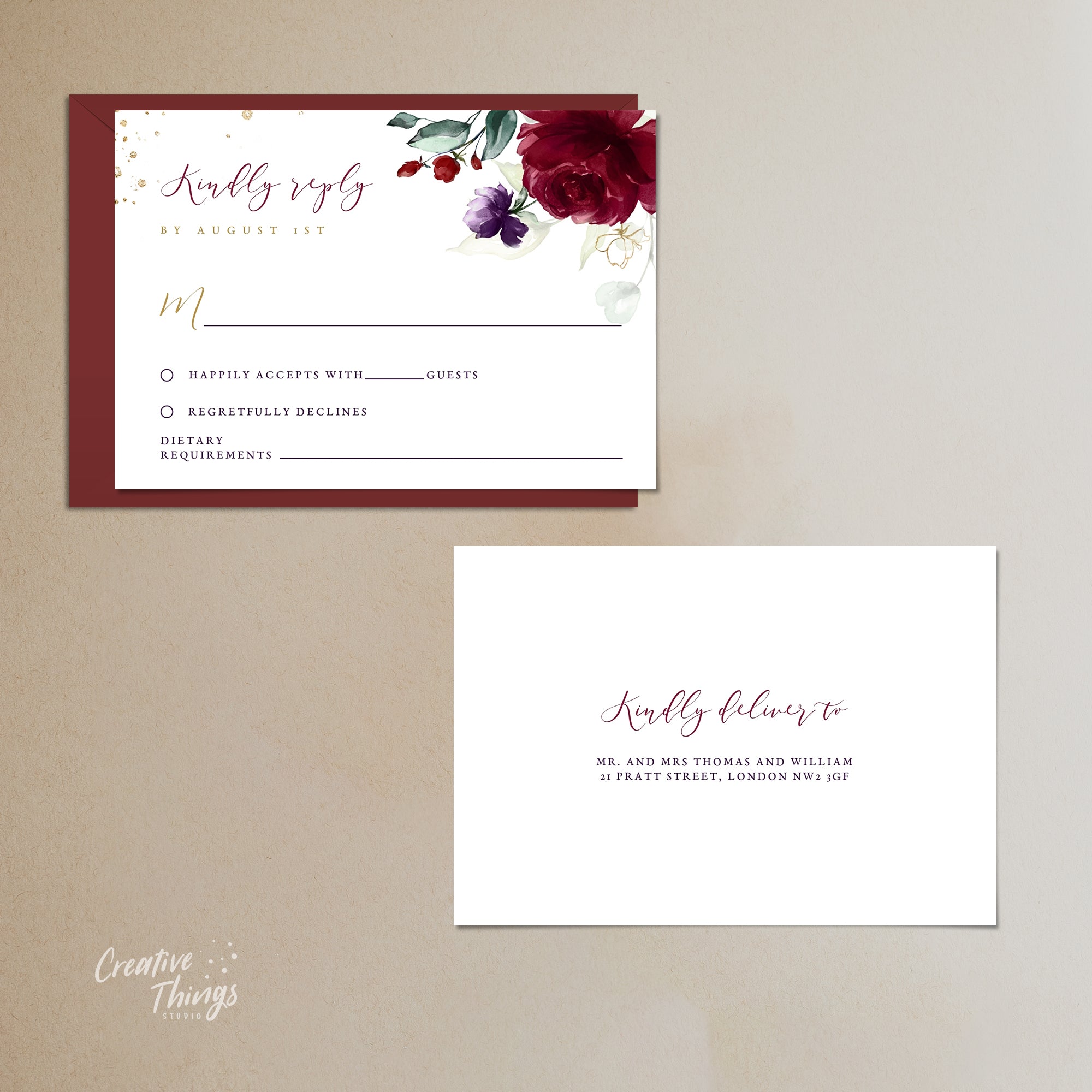 Rossella | Burgundy Wedding Invitation Set Printable