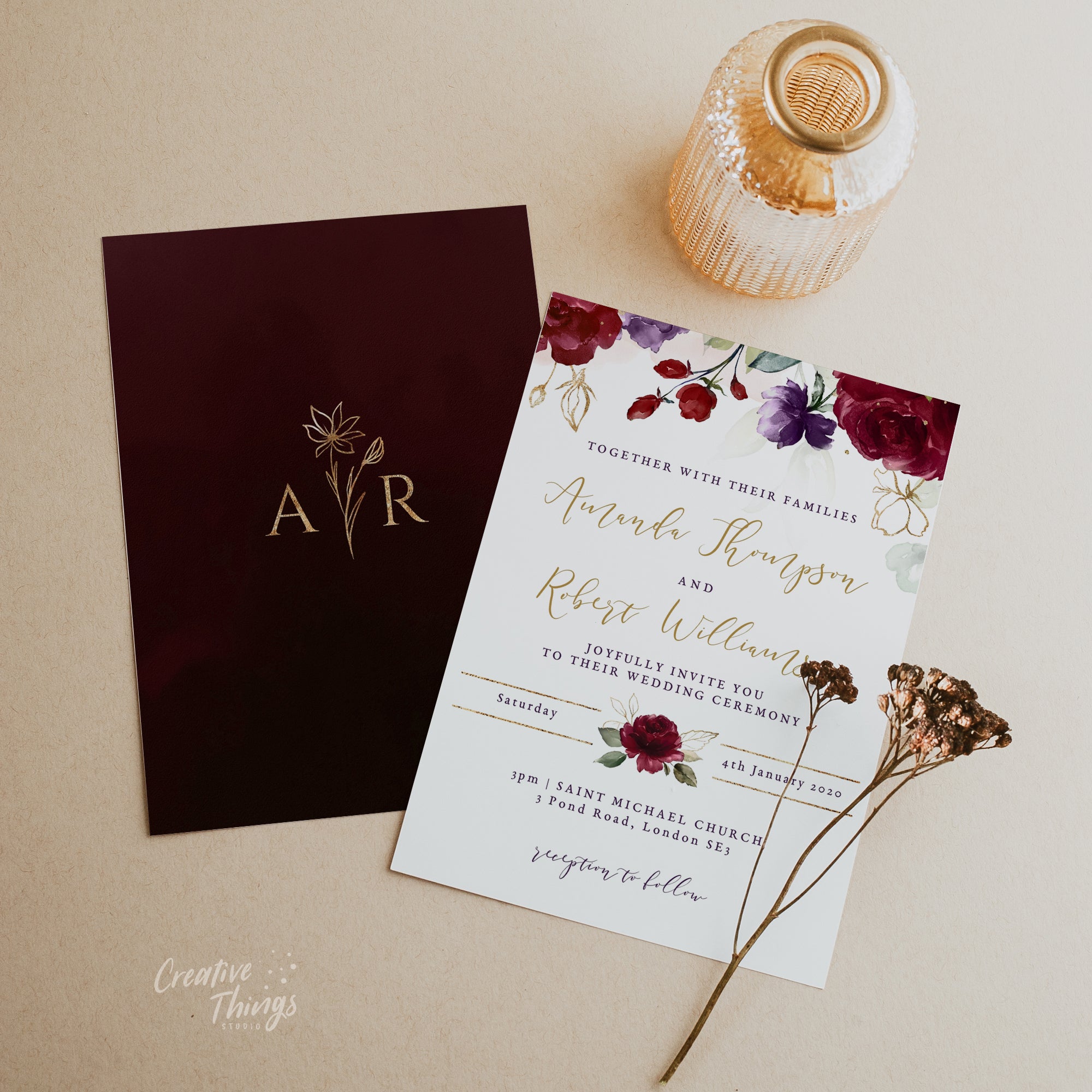 Rossella | Burgundy Wedding Invitation Set Printable