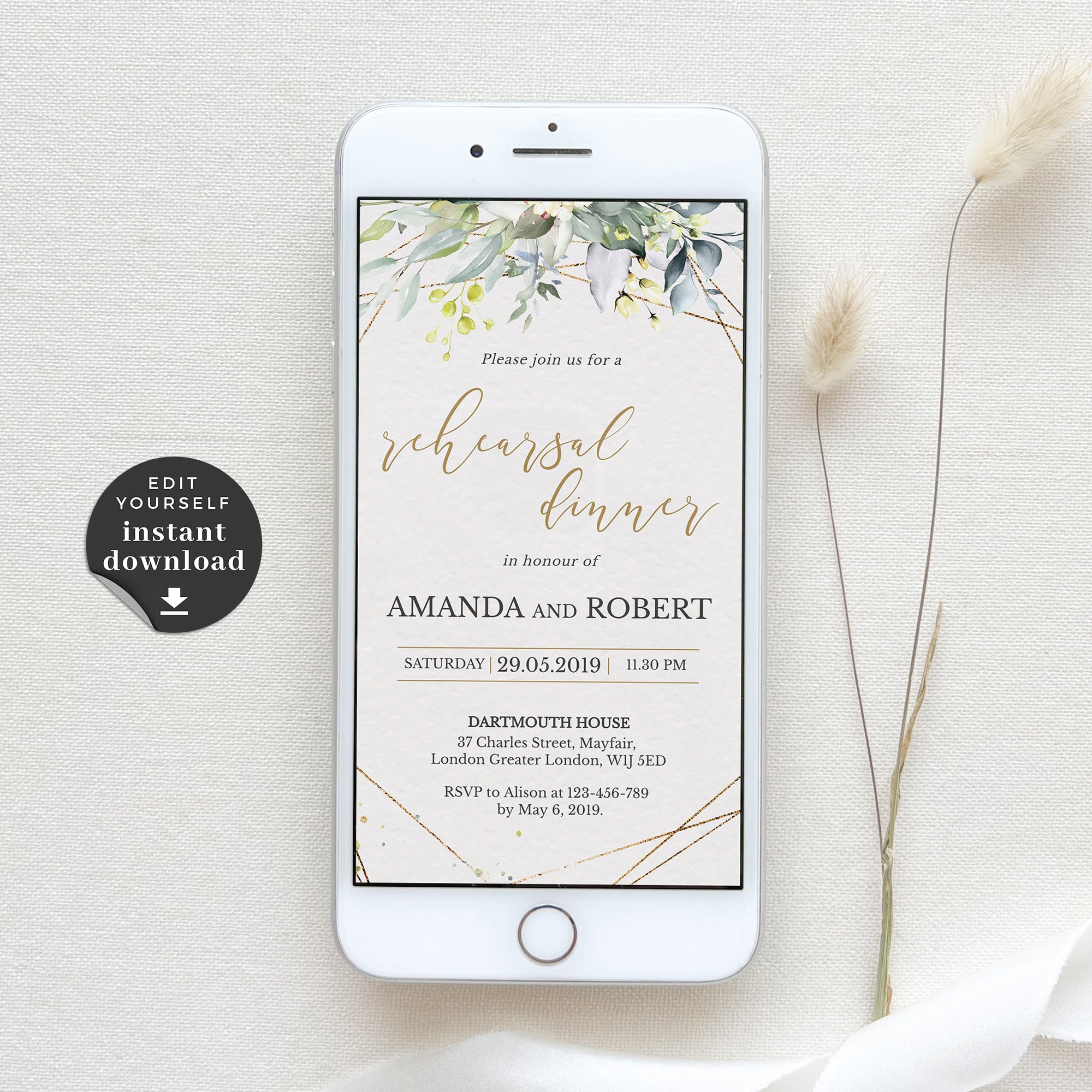 FLORA Greenery Rehearsal Dinner Digital Invitation