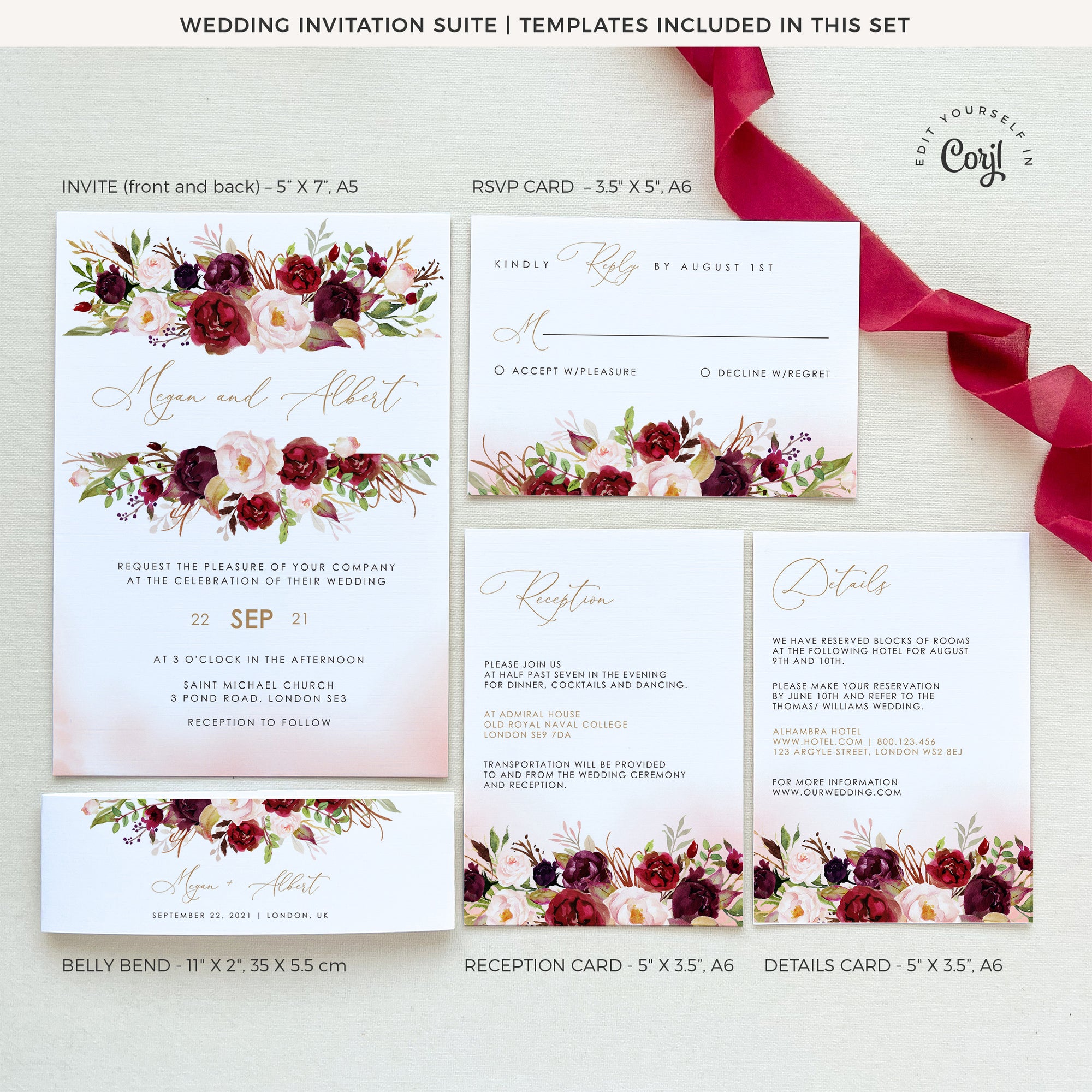 Rosita | Blush &amp; Burgundy Wedding Invitation Set Template