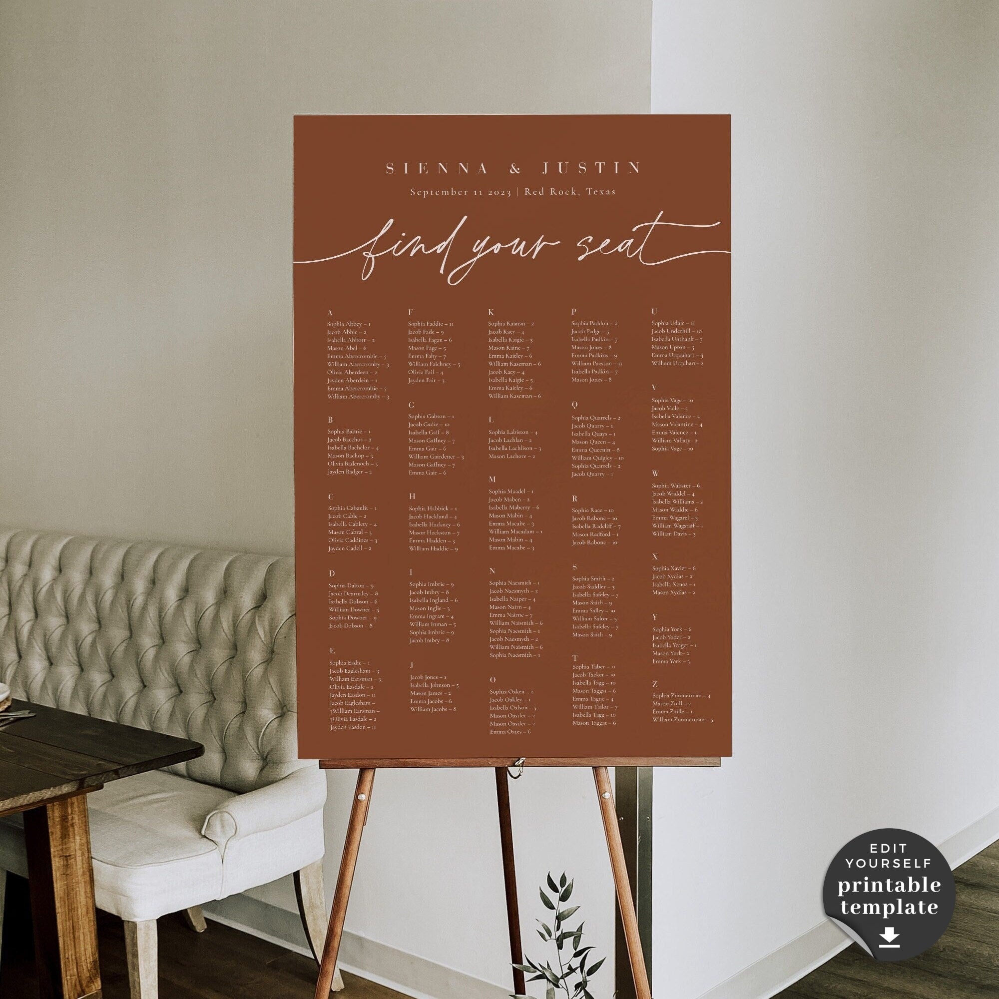 SIENNA Terracotta Seating Chart Template Alphabetical