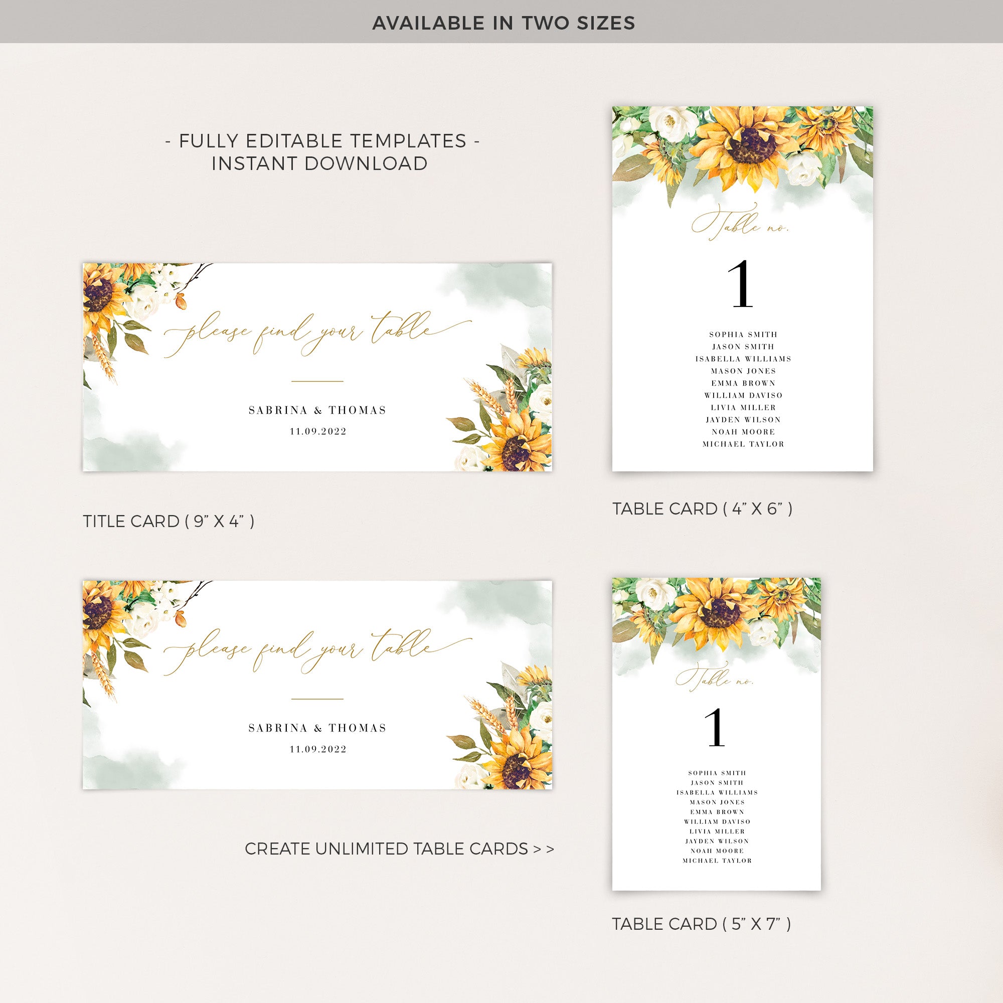 Marisol | Sunflowers Wedding Seating Cards Template