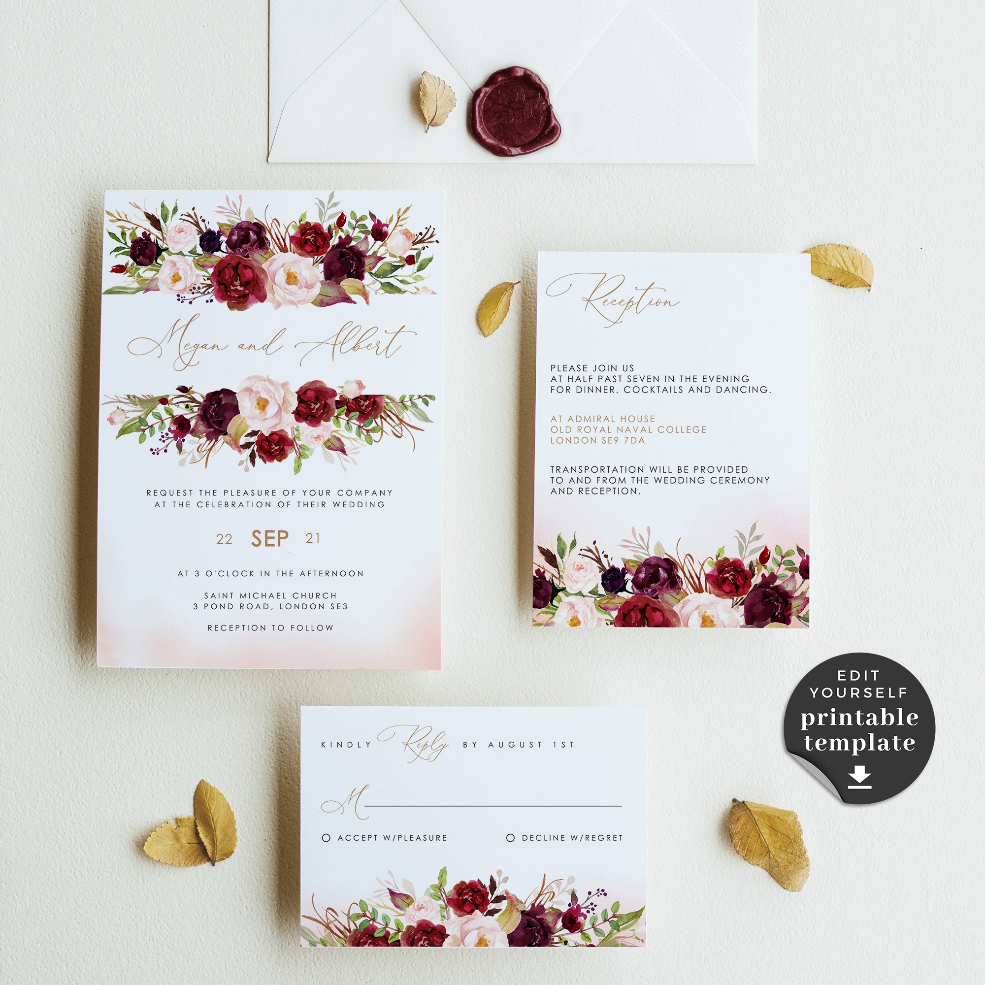 Rosita | Blush &amp; Burgundy Wedding Invitation Set Template