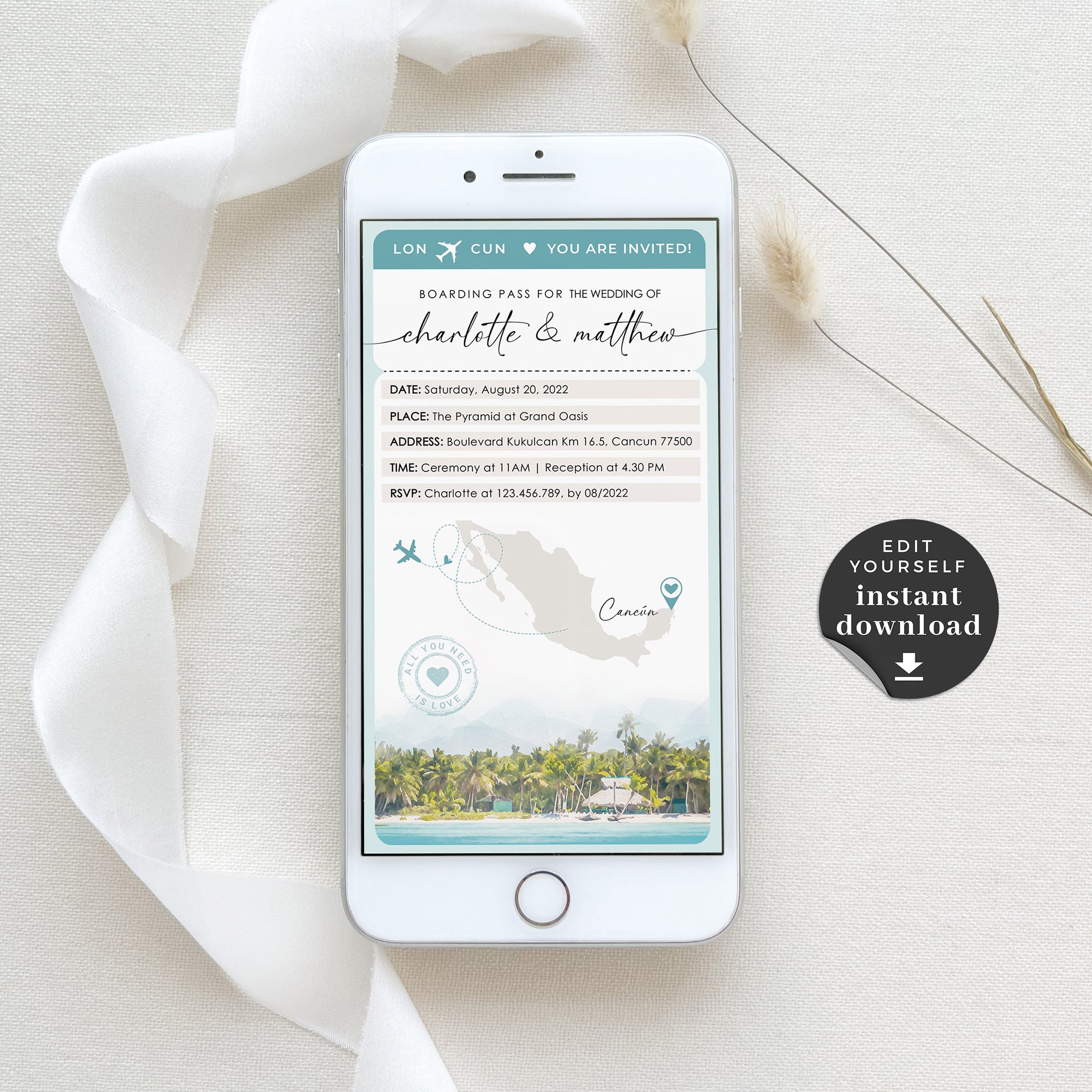 Mira | Boarding Pass Tropical Wedding Invitation Digital