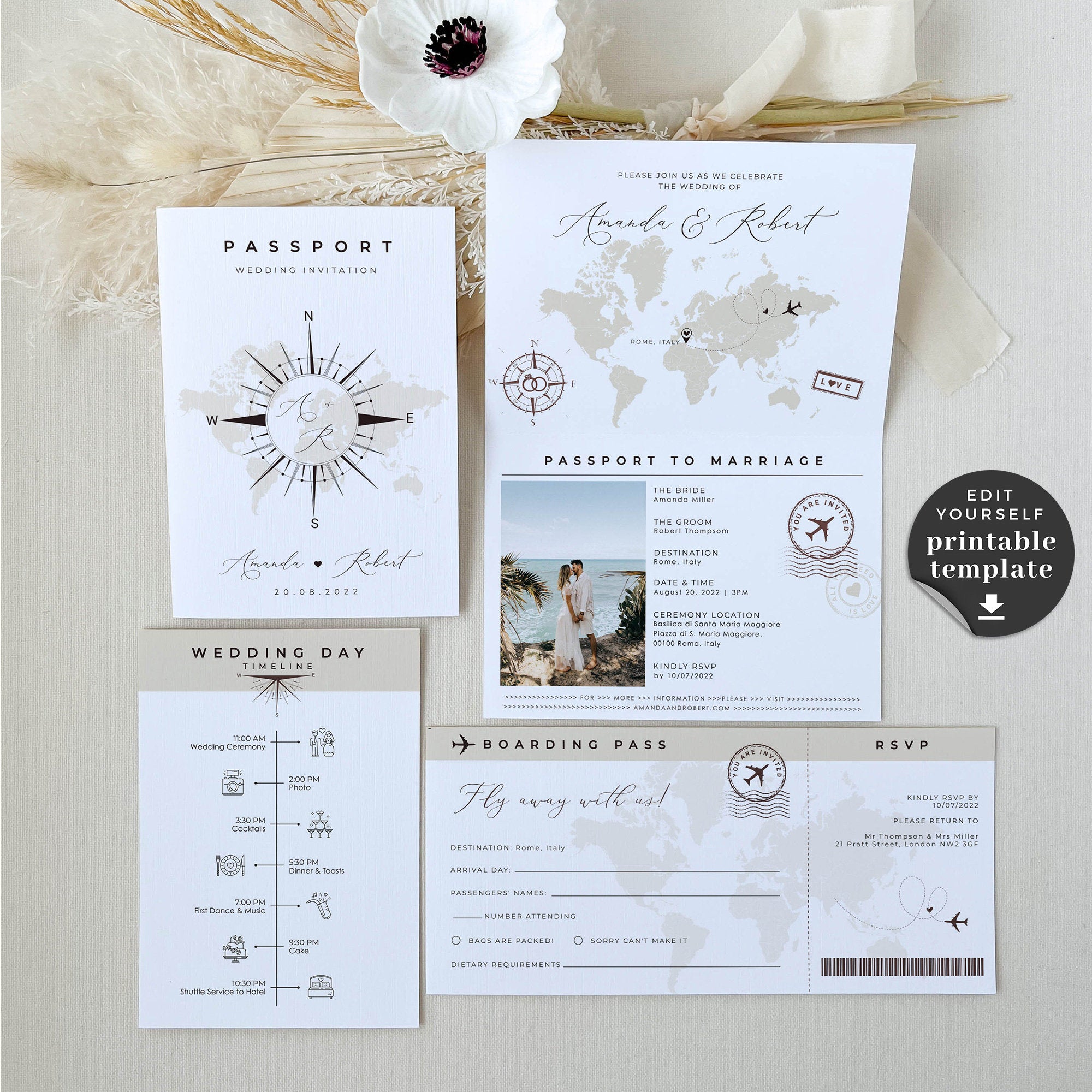 SOFIA Passport Wedding Invitation &amp; Boarding Pass Save the Date Template Bundle