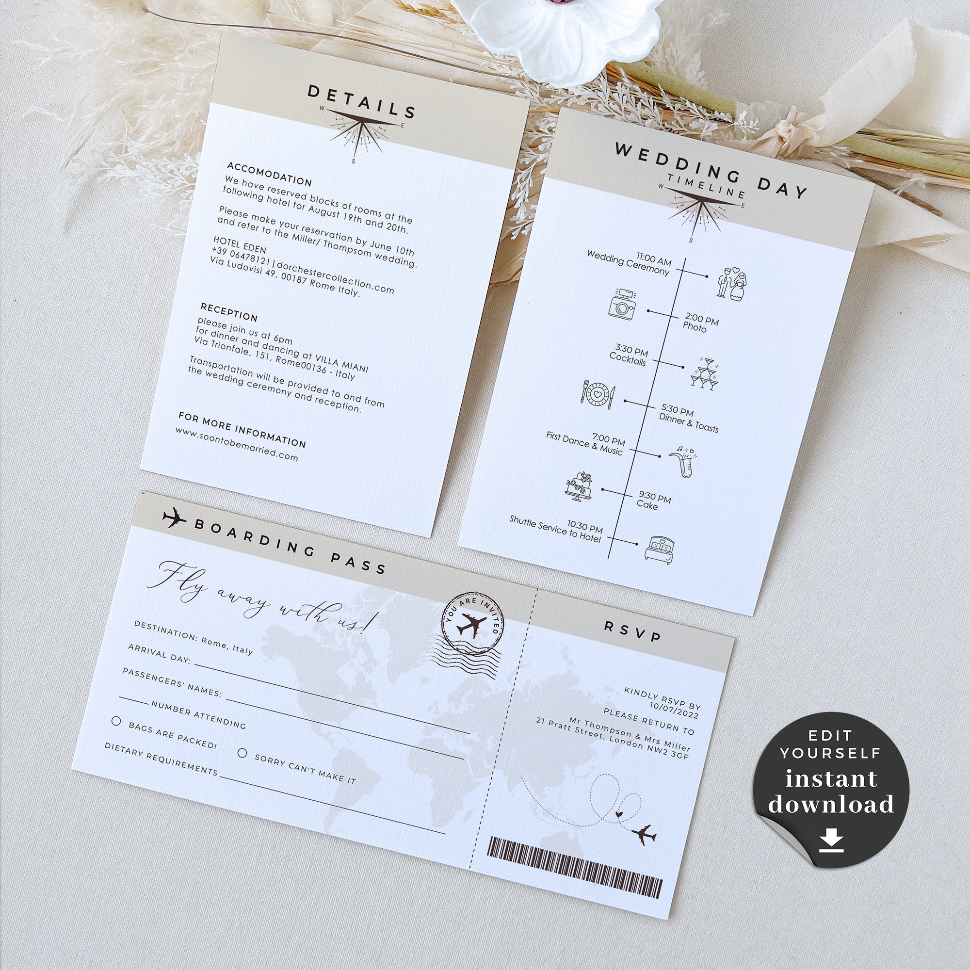 SOFIA Passport Wedding Invitation &amp; Boarding Pass Save the Date Template Bundle