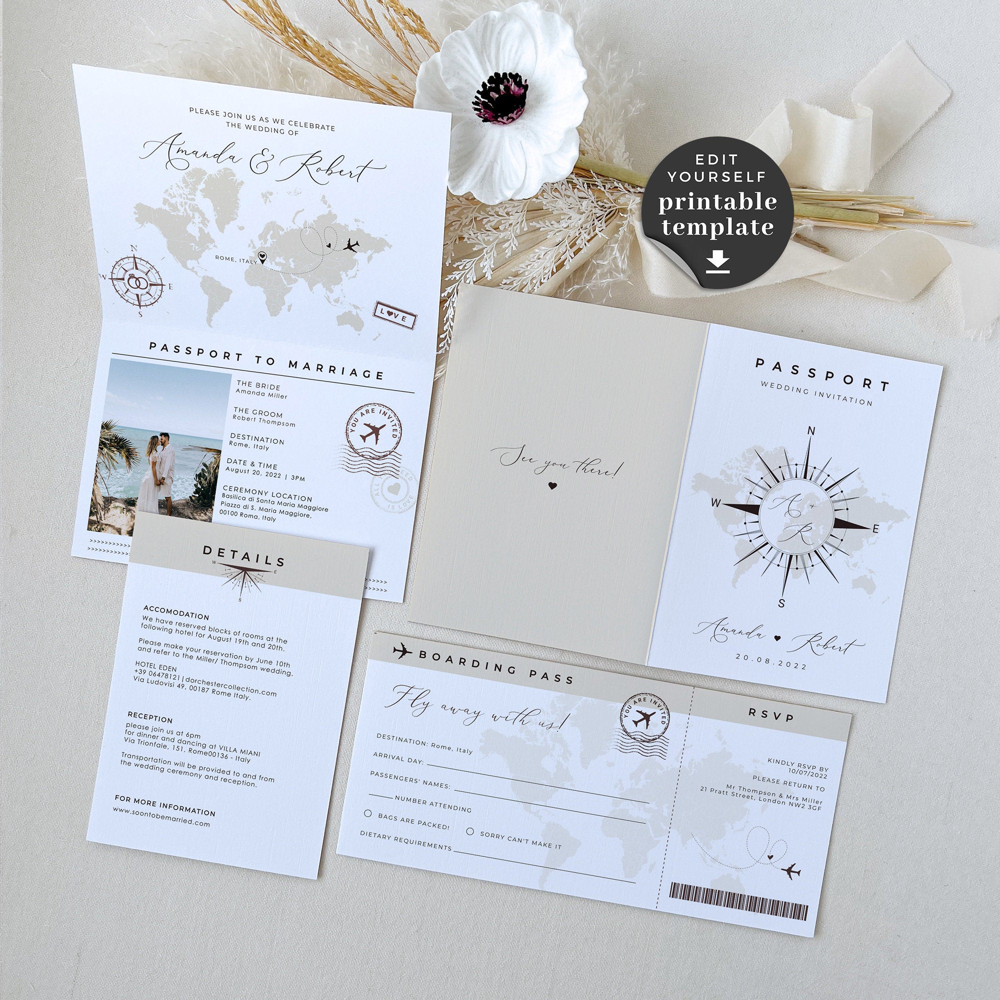 SOFIA Passport Wedding Invitation &amp; Boarding Pass Save the Date Template Bundle
