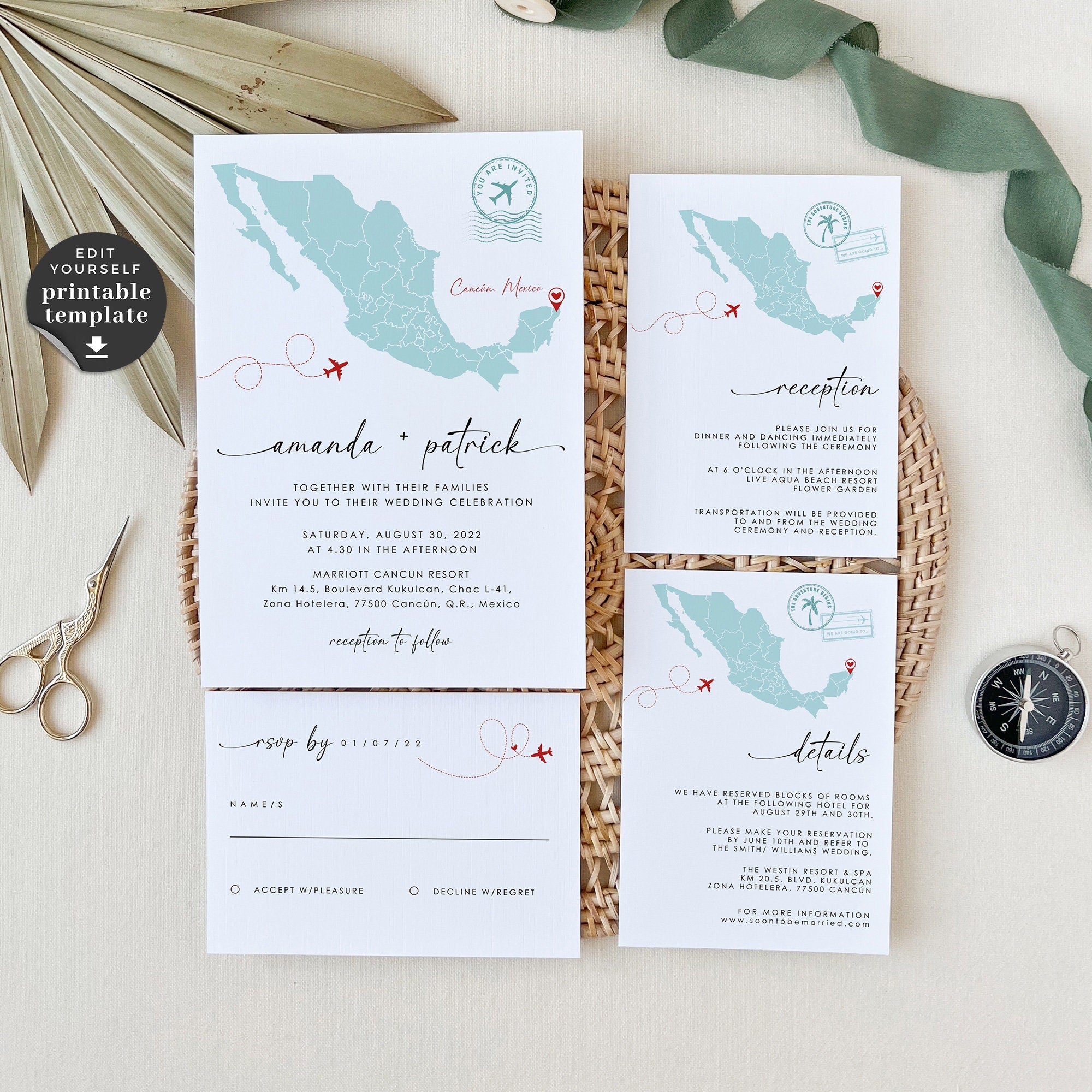 Mexico Destination Wedding Invitation Suite Template