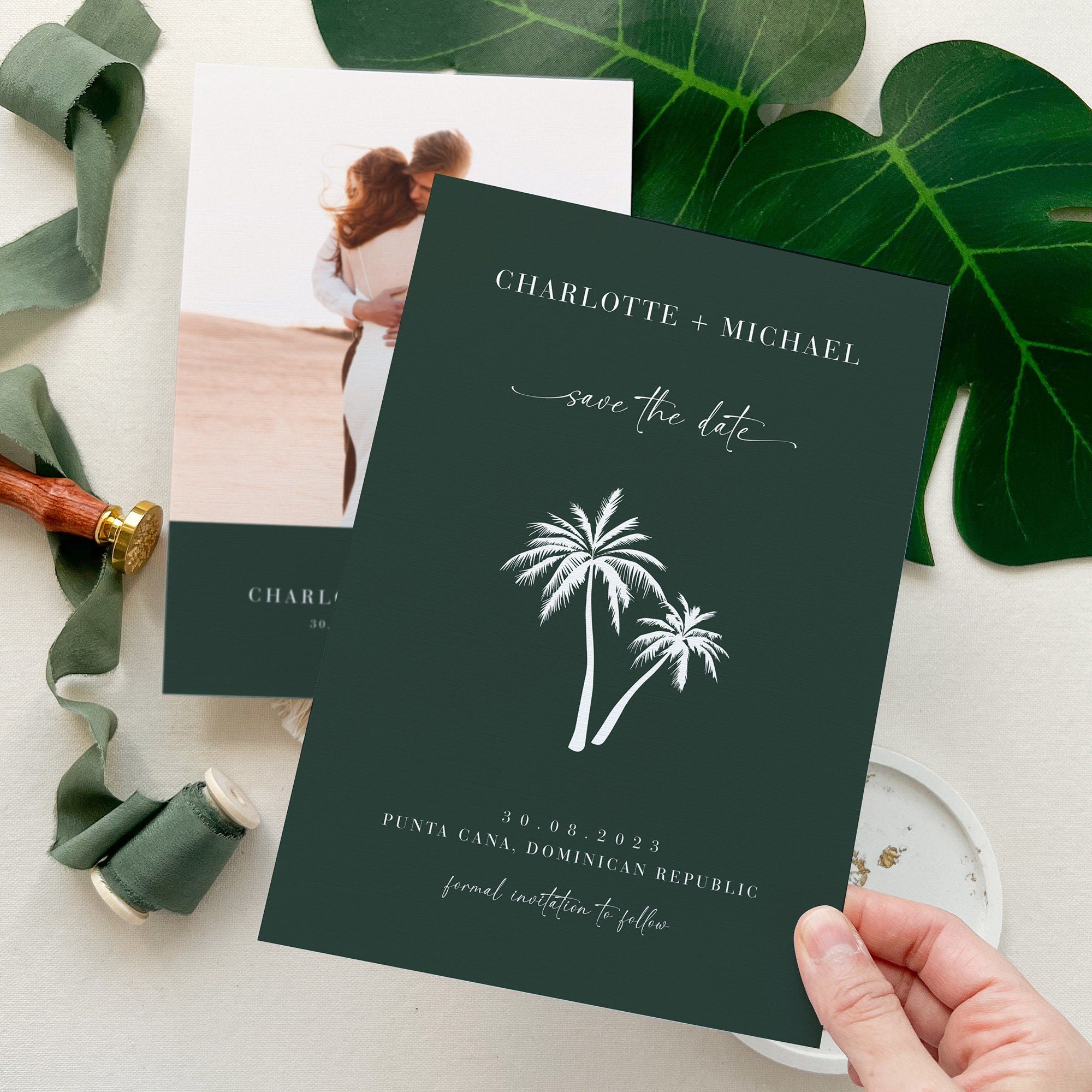 Tropical Palm Trees Save the Date Invitation Template