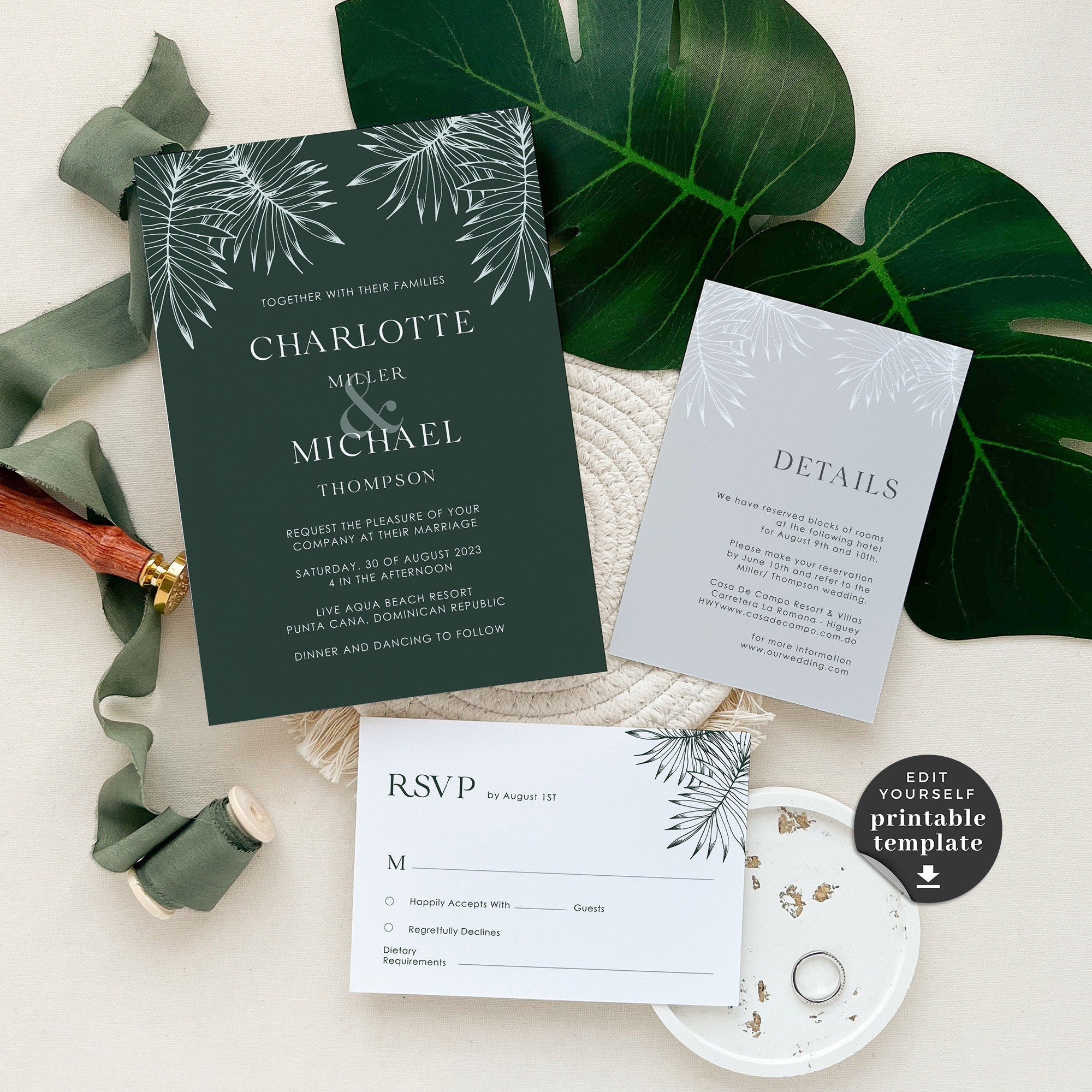 Minimal Tropical Wedding Invitation Template Set