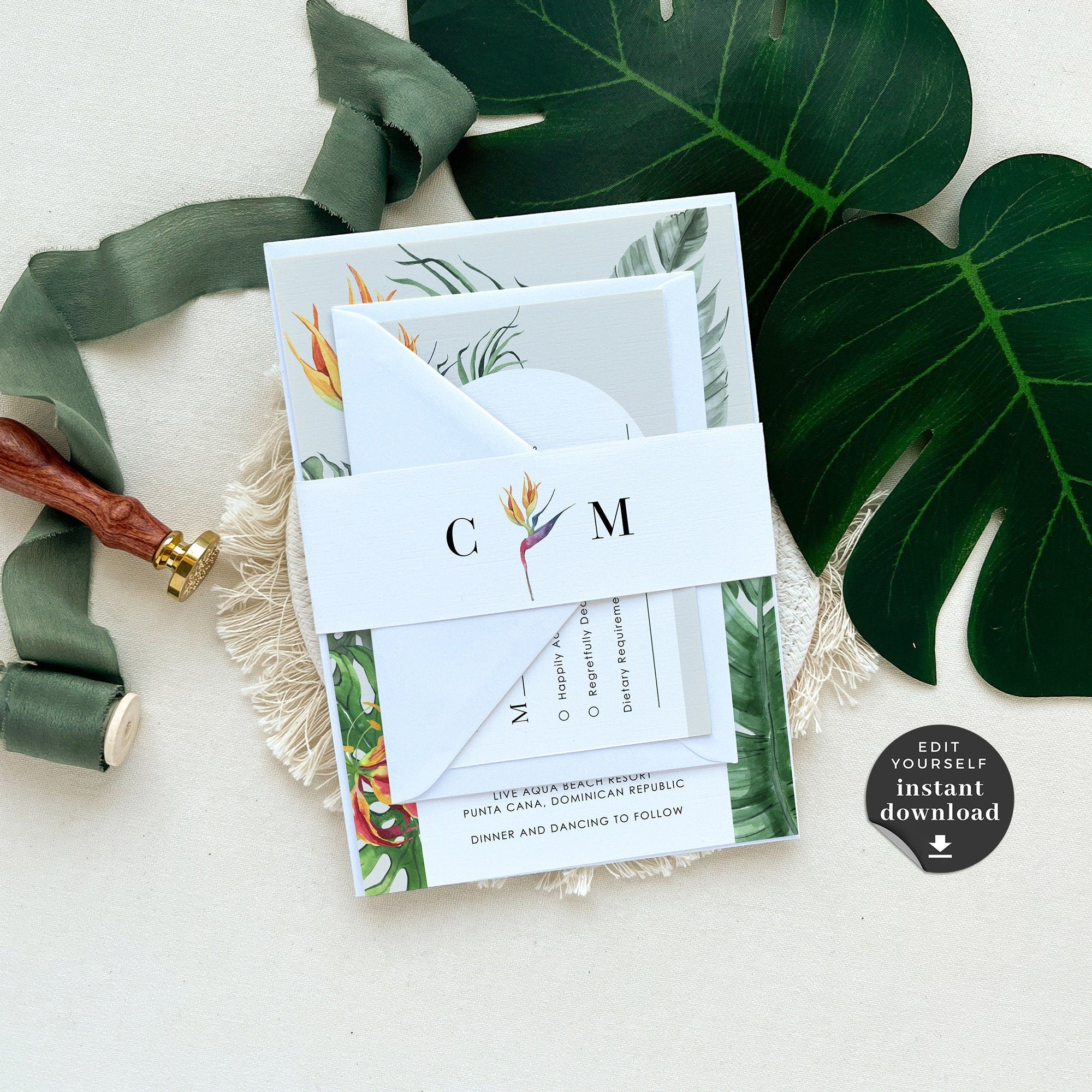 Elegant Tropical Wedding Invitation Template Suite