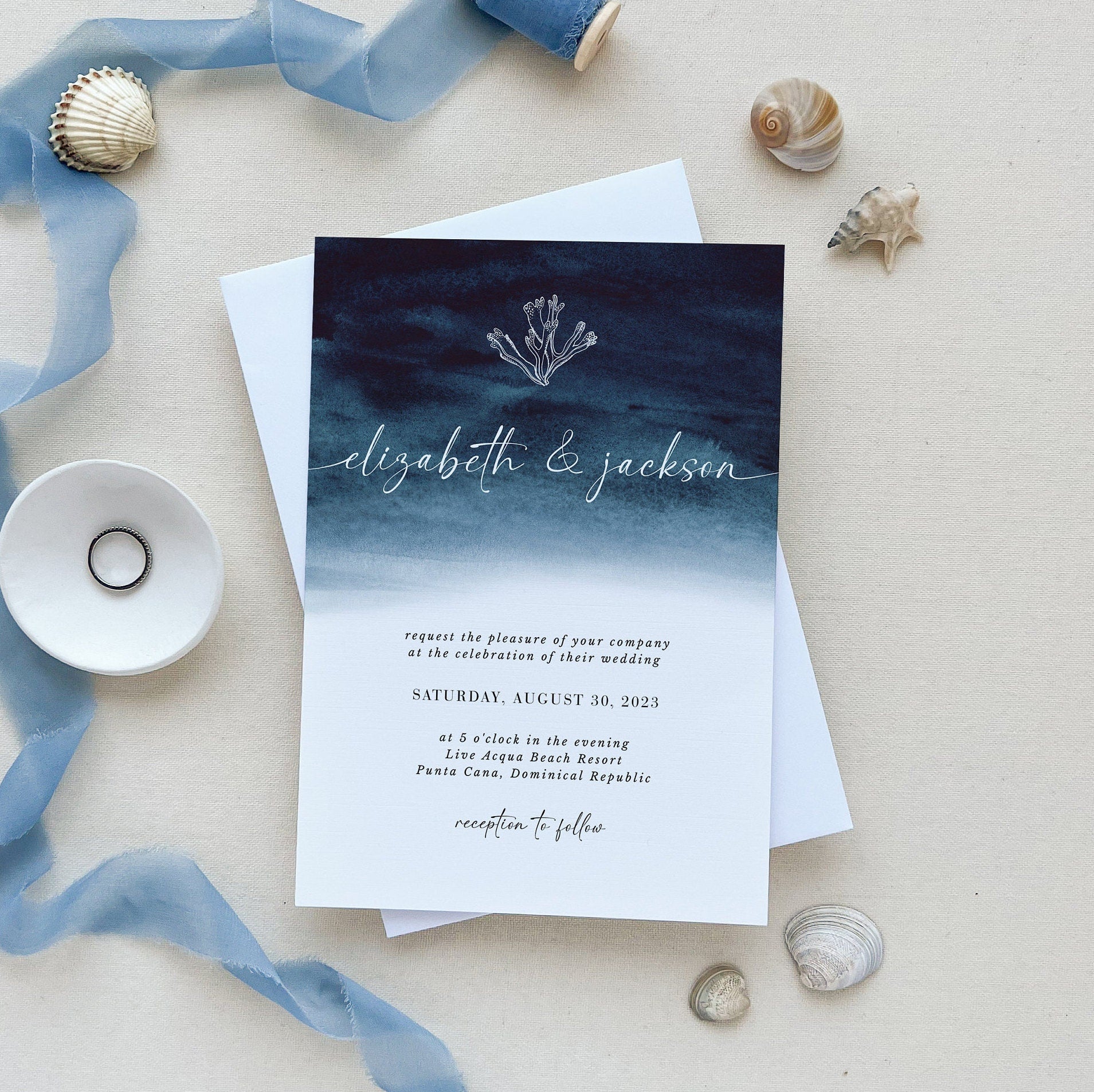 ZAHARA | Navy Destination Beach Wedding Invitation Kit Template