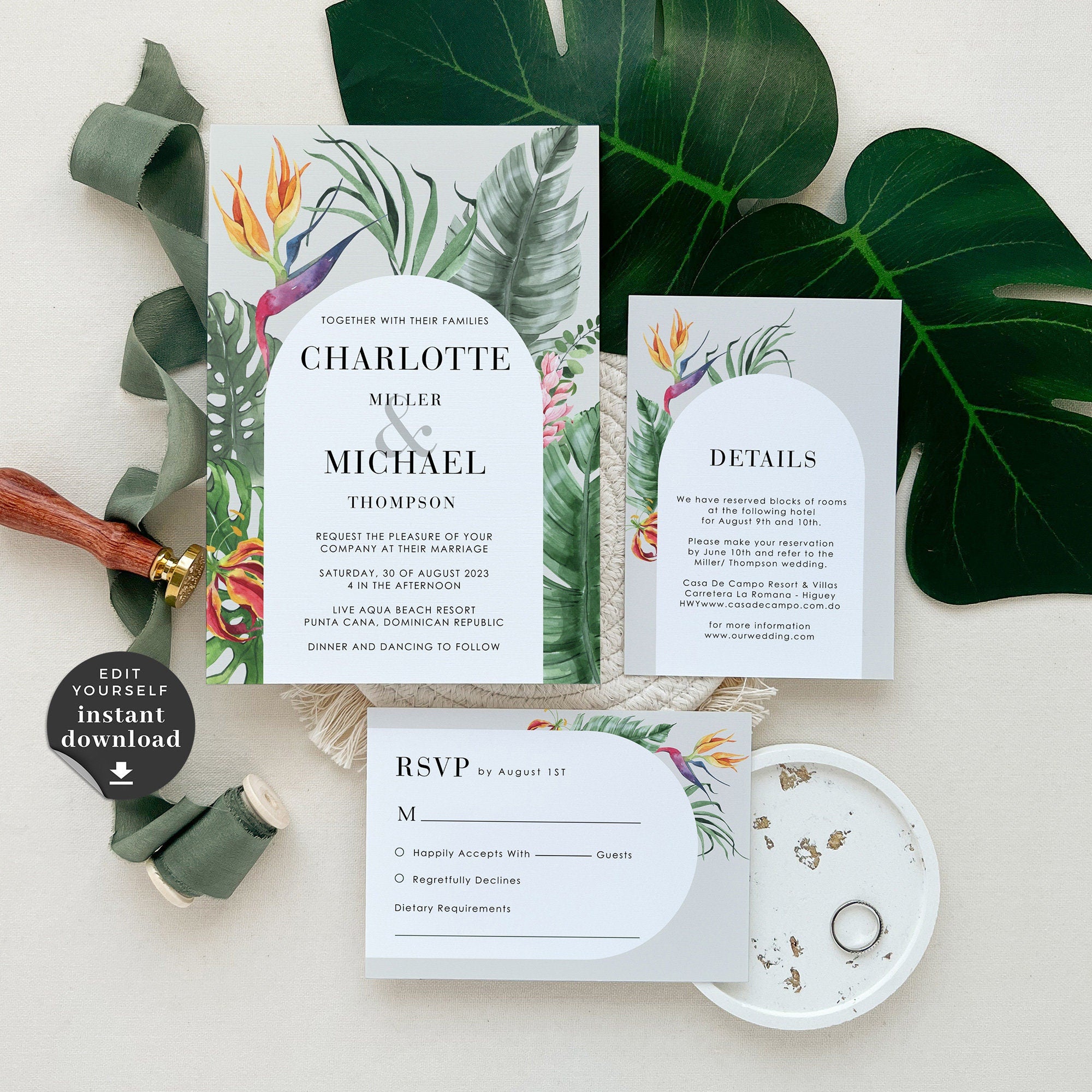 Elegant Tropical Wedding Invitation Template Suite