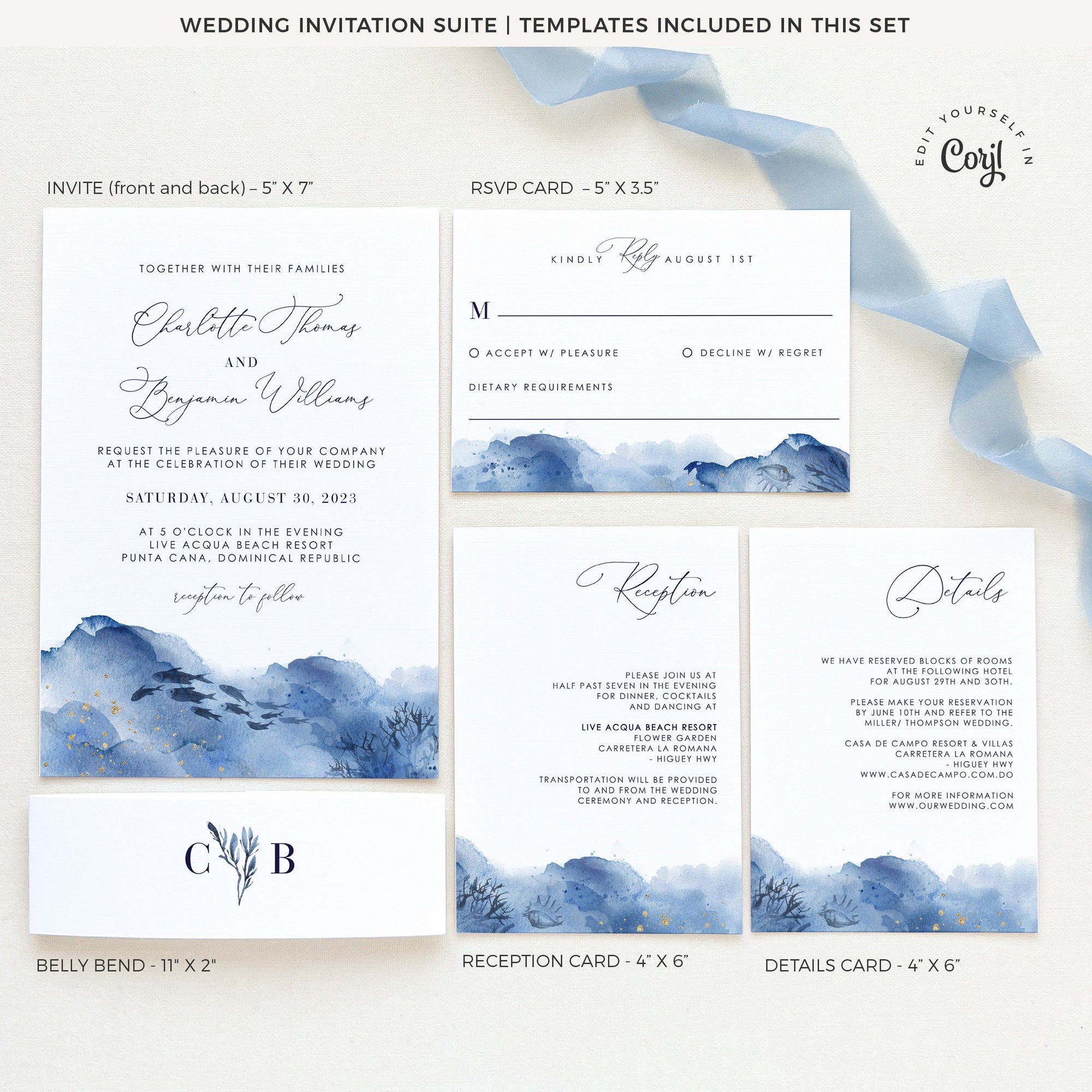 YLENIA Ocean Wedding Invitation Set Template With RSVP