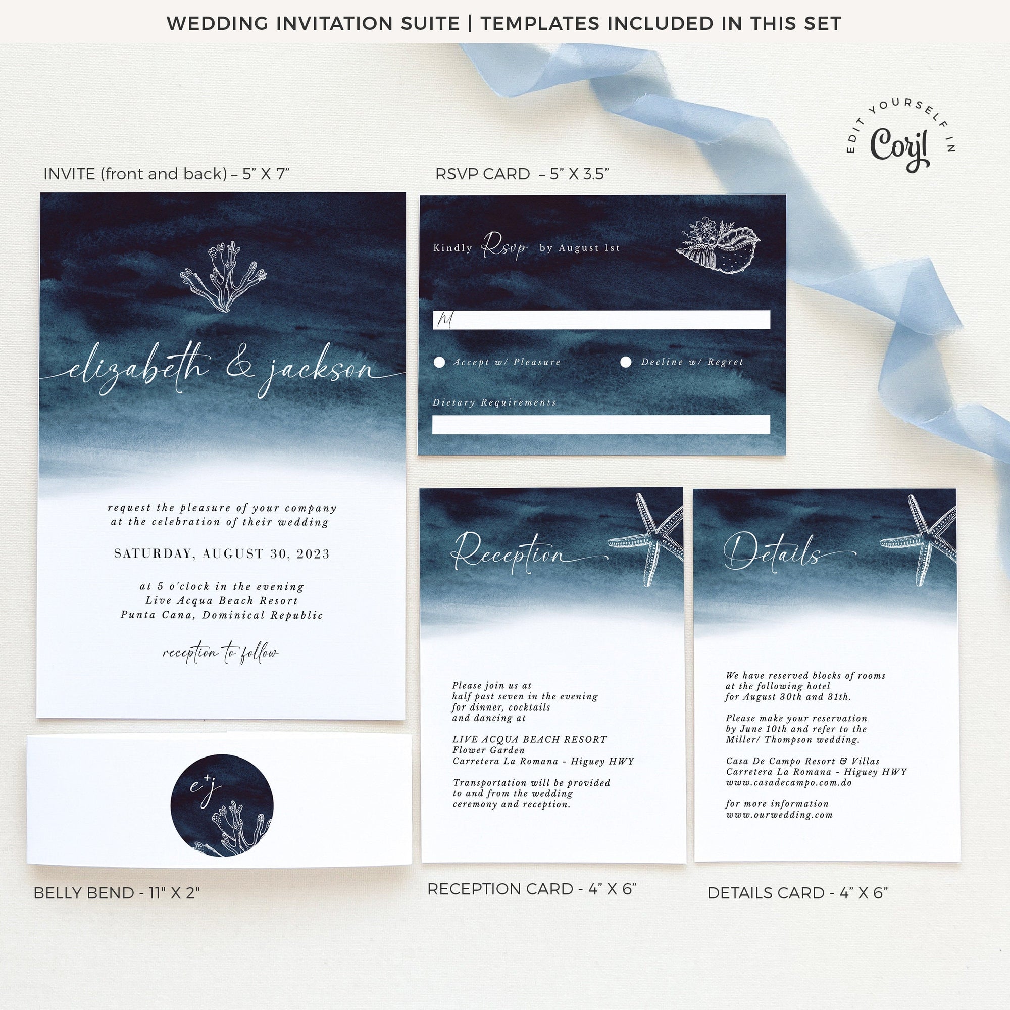 ZAHARA | Navy Destination Beach Wedding Invitation Kit Template