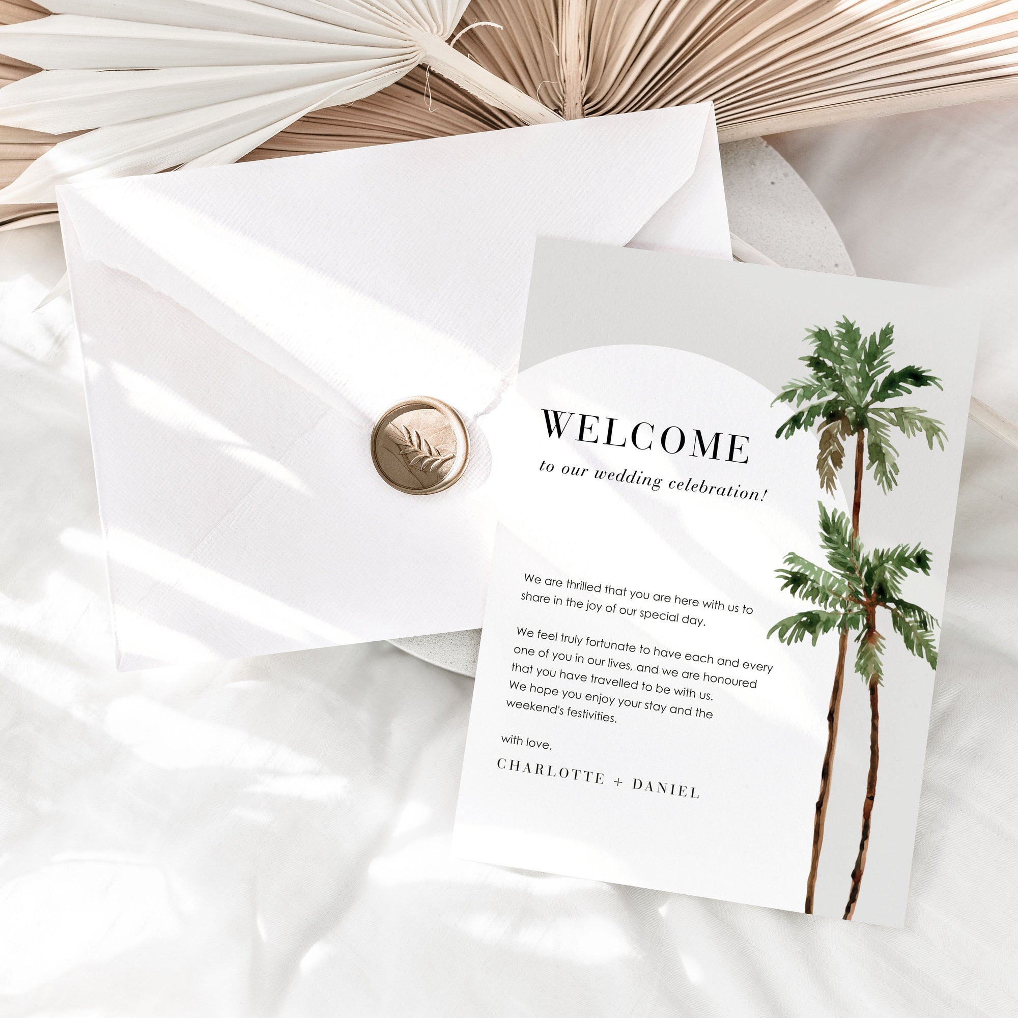 KONA Palm Tree Welcome Letter &amp; Wedding Weekend Itinerary Template
