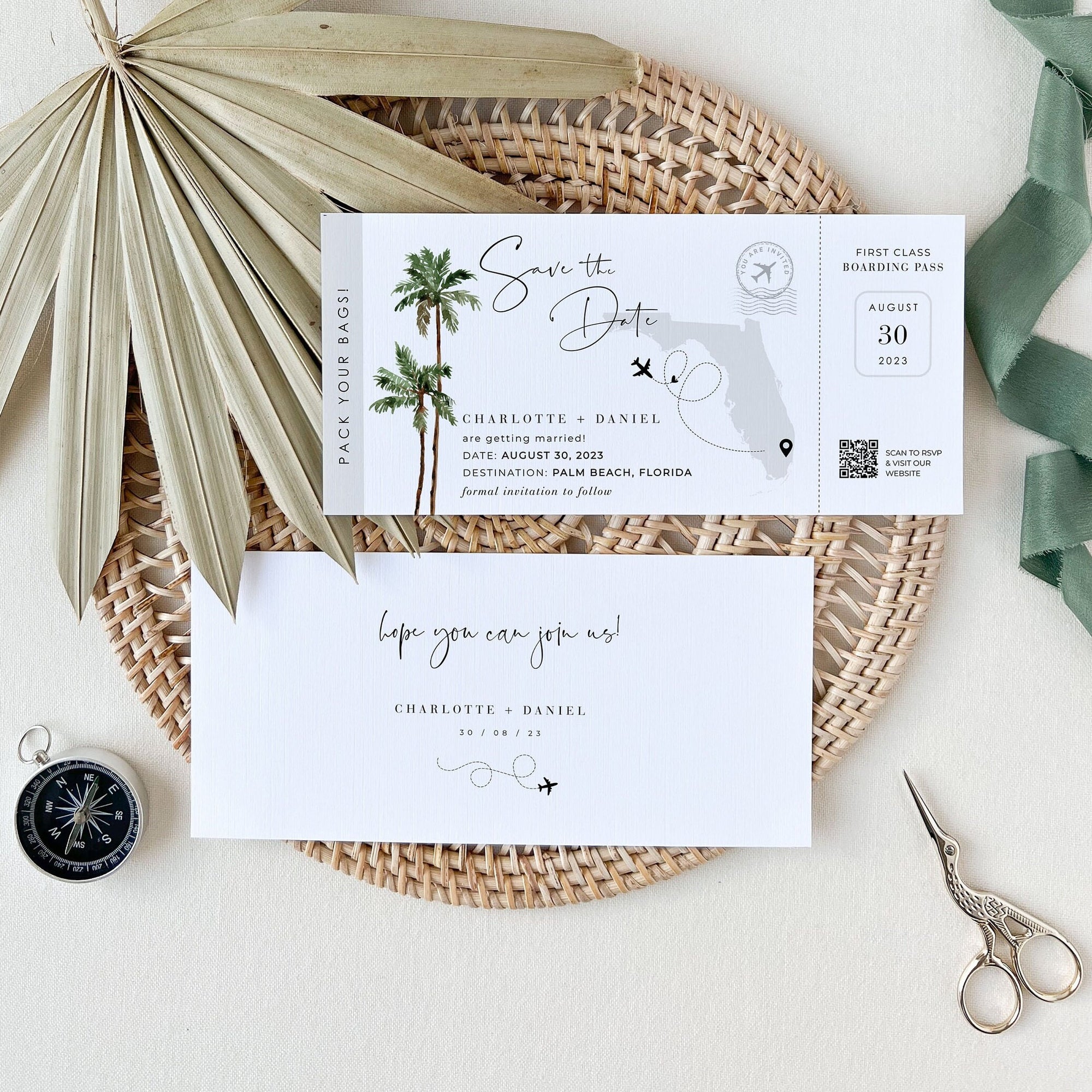 KONA Palm Tree Boarding Pass Save the Date Template