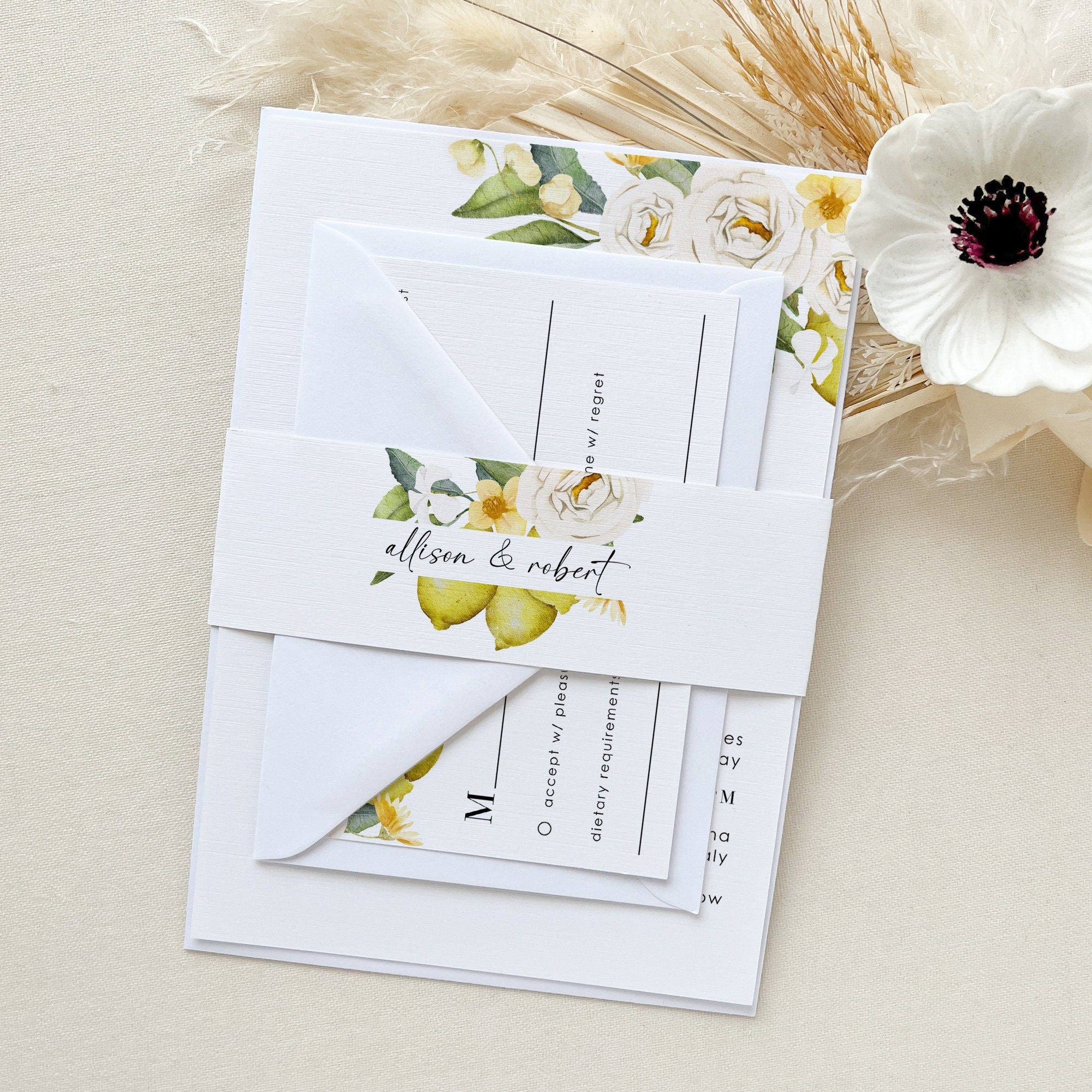 AMELIA Flowers &amp; Lemon Wedding Invitation Suite Template