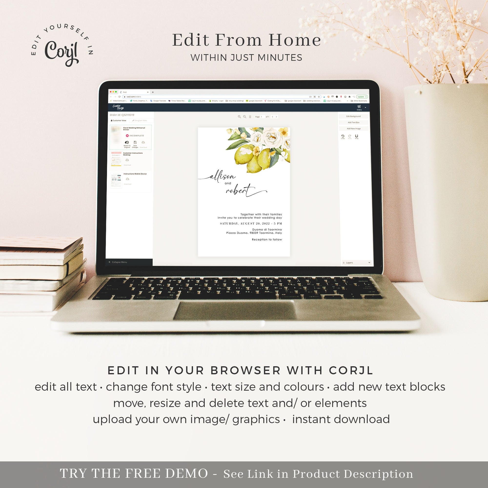 AMELIA Flowers &amp; Lemon Wedding Invitation Suite Template