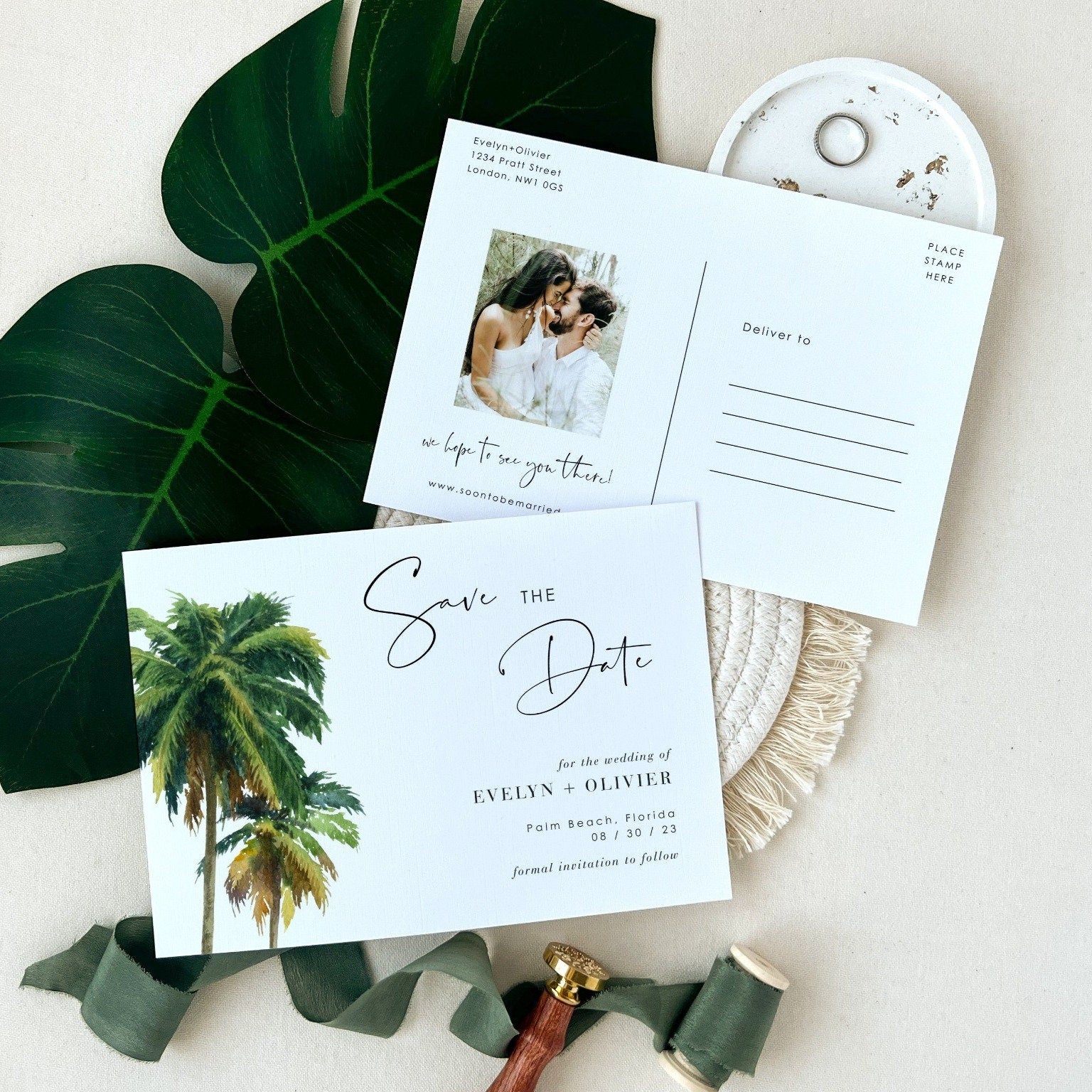 Kala | Palm Tree Save the Date Postcard with Photo