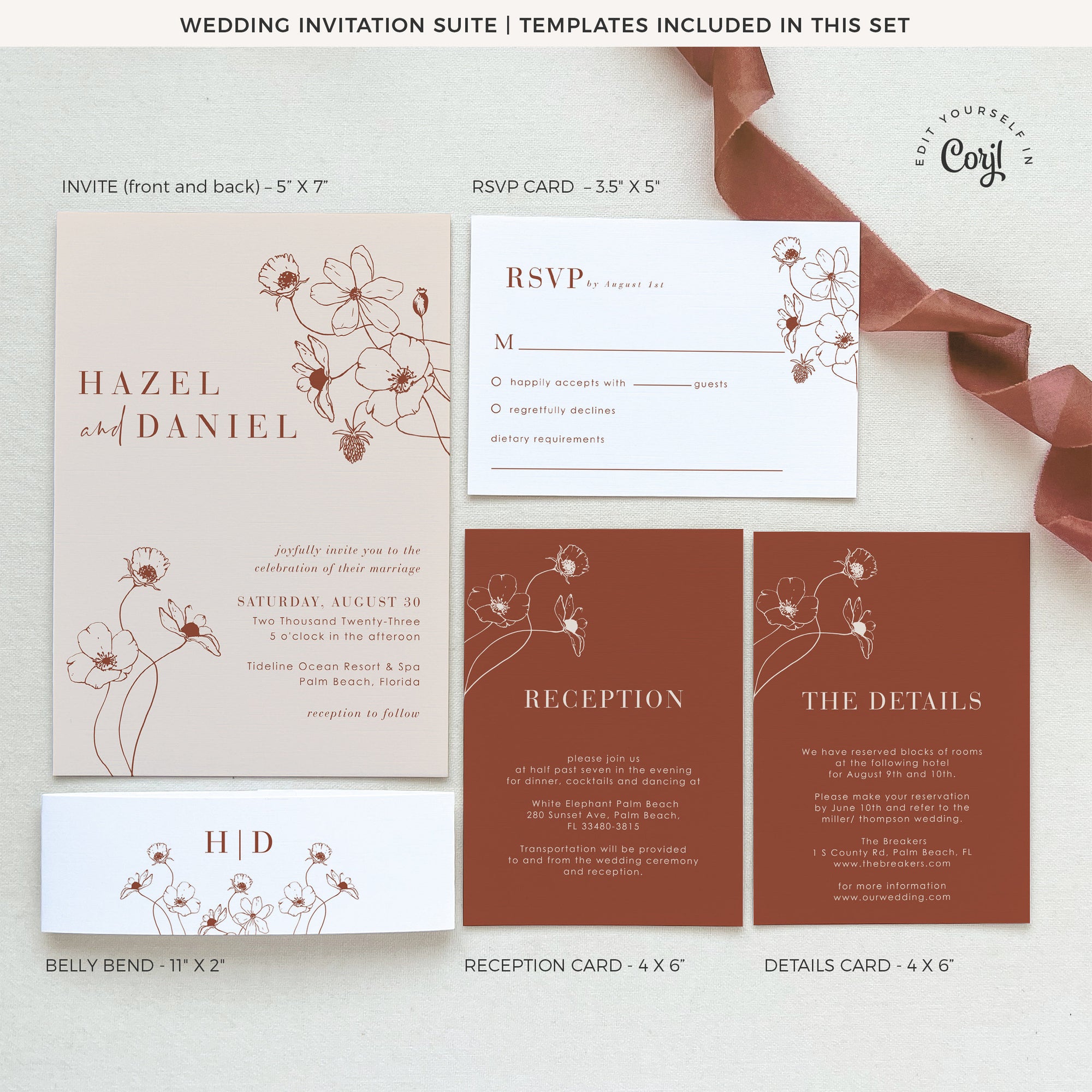 HAZEL Terracotta Boho Wedding Invitation Suite Printable
