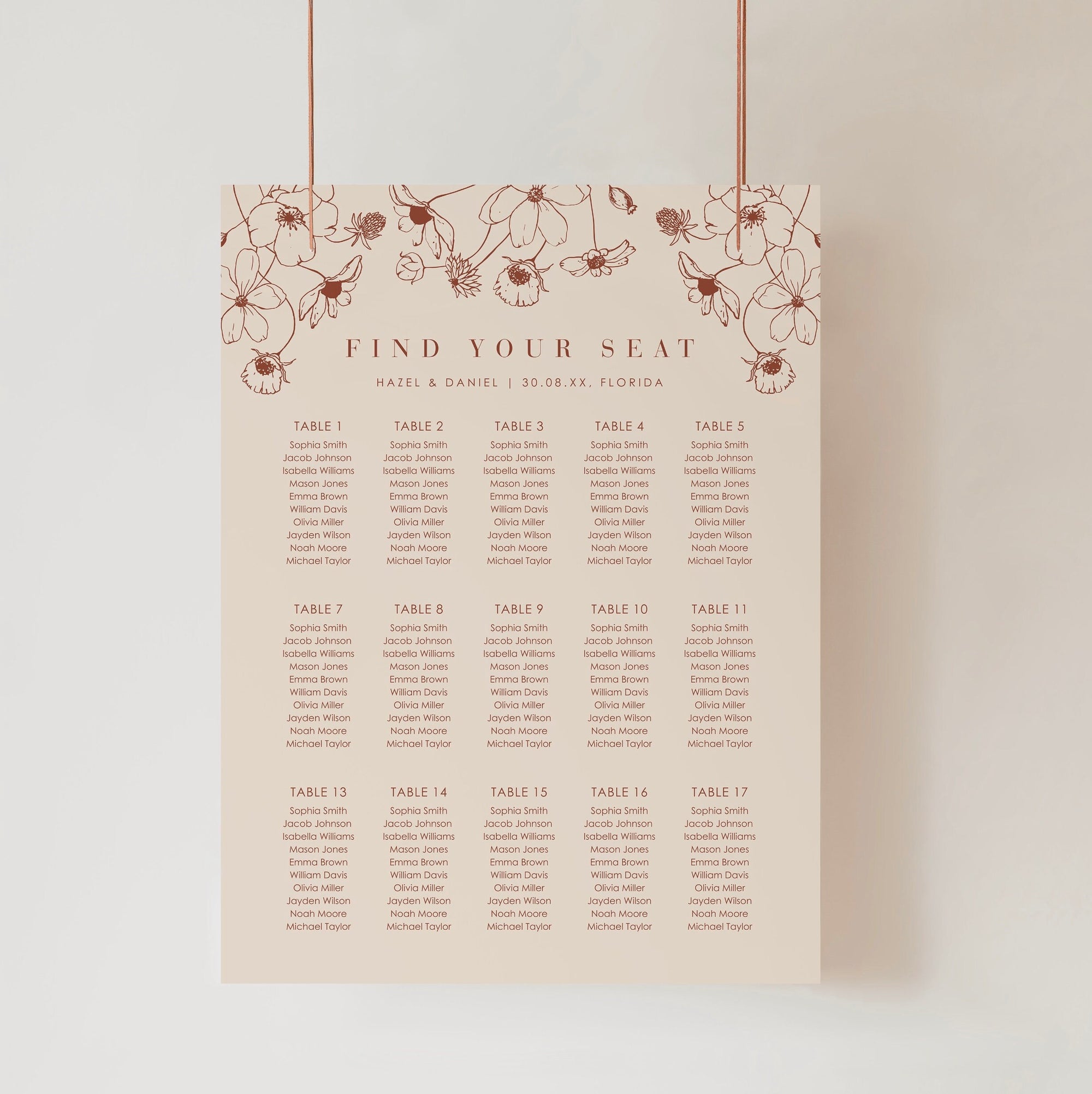 HAZEL Burnt Orange Wedding Seating Chart Printable