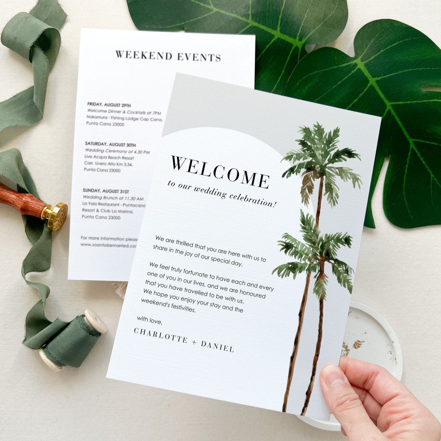 KONA Palm Tree Welcome Letter &amp; Wedding Weekend Itinerary Template