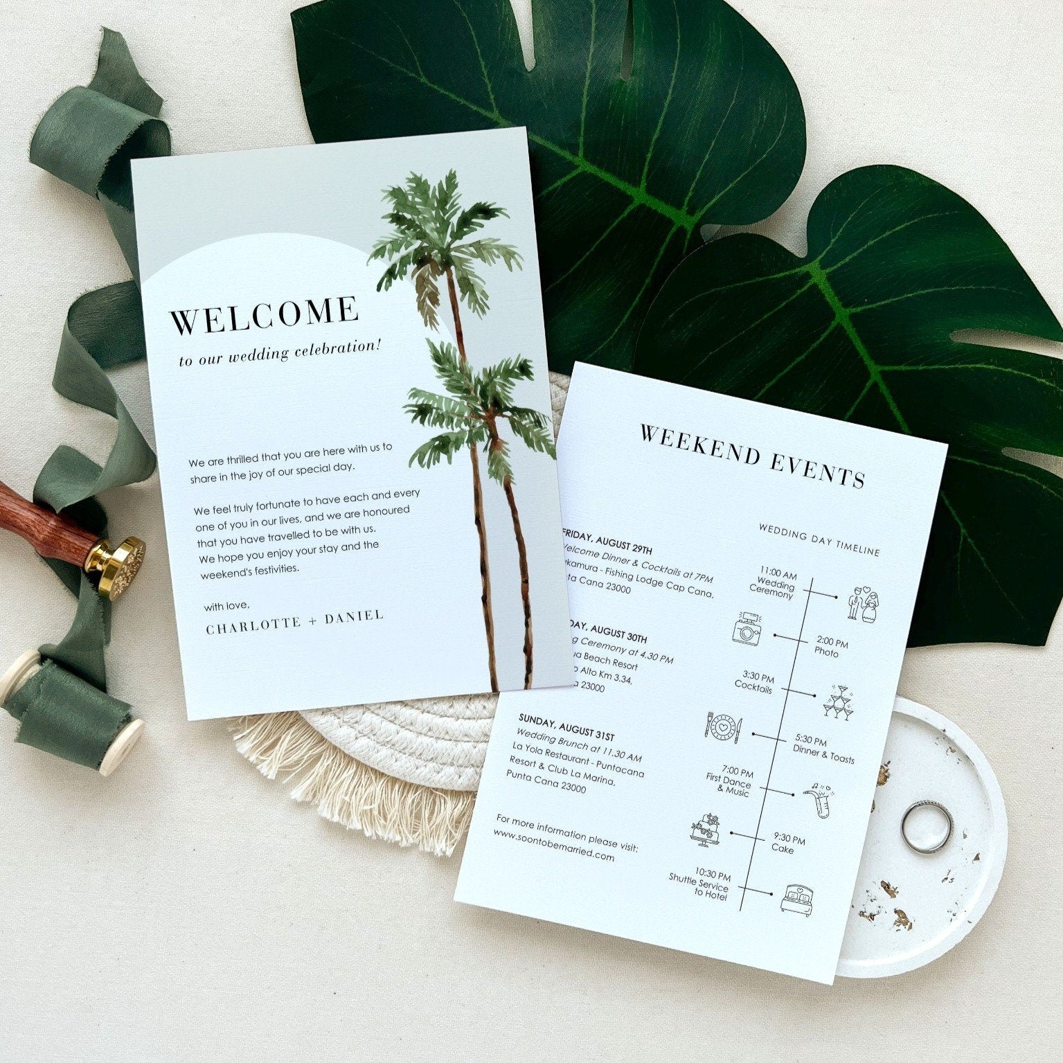 KONA Palm Tree Welcome Letter &amp; Wedding Weekend Itinerary Template