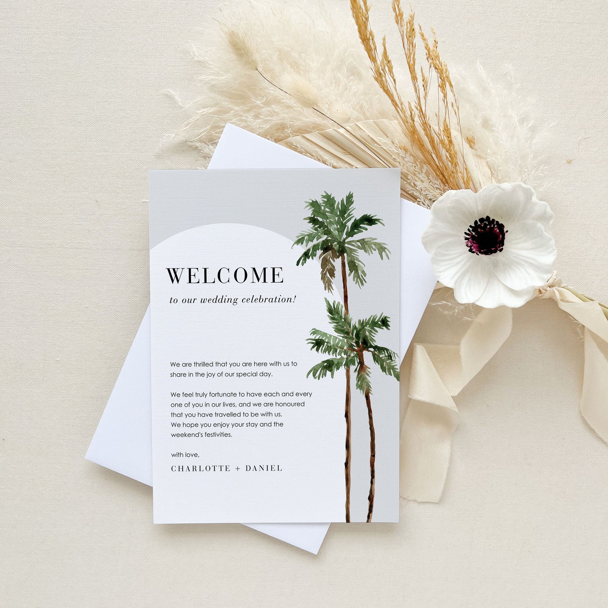 KONA Palm Tree Welcome Letter &amp; Wedding Weekend Itinerary Template