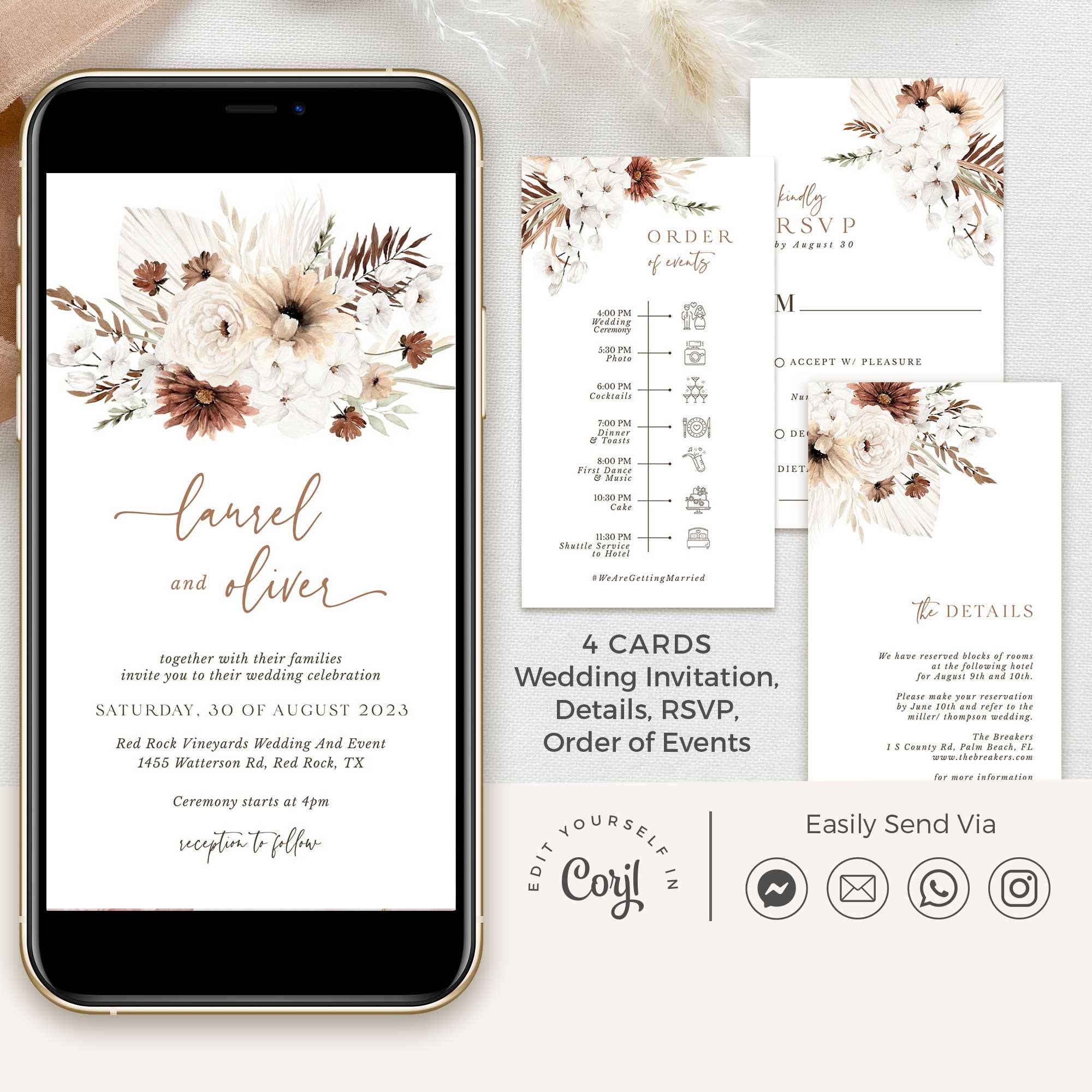 LAUREL Boho Wedding Invitation with Rsvp Electronic