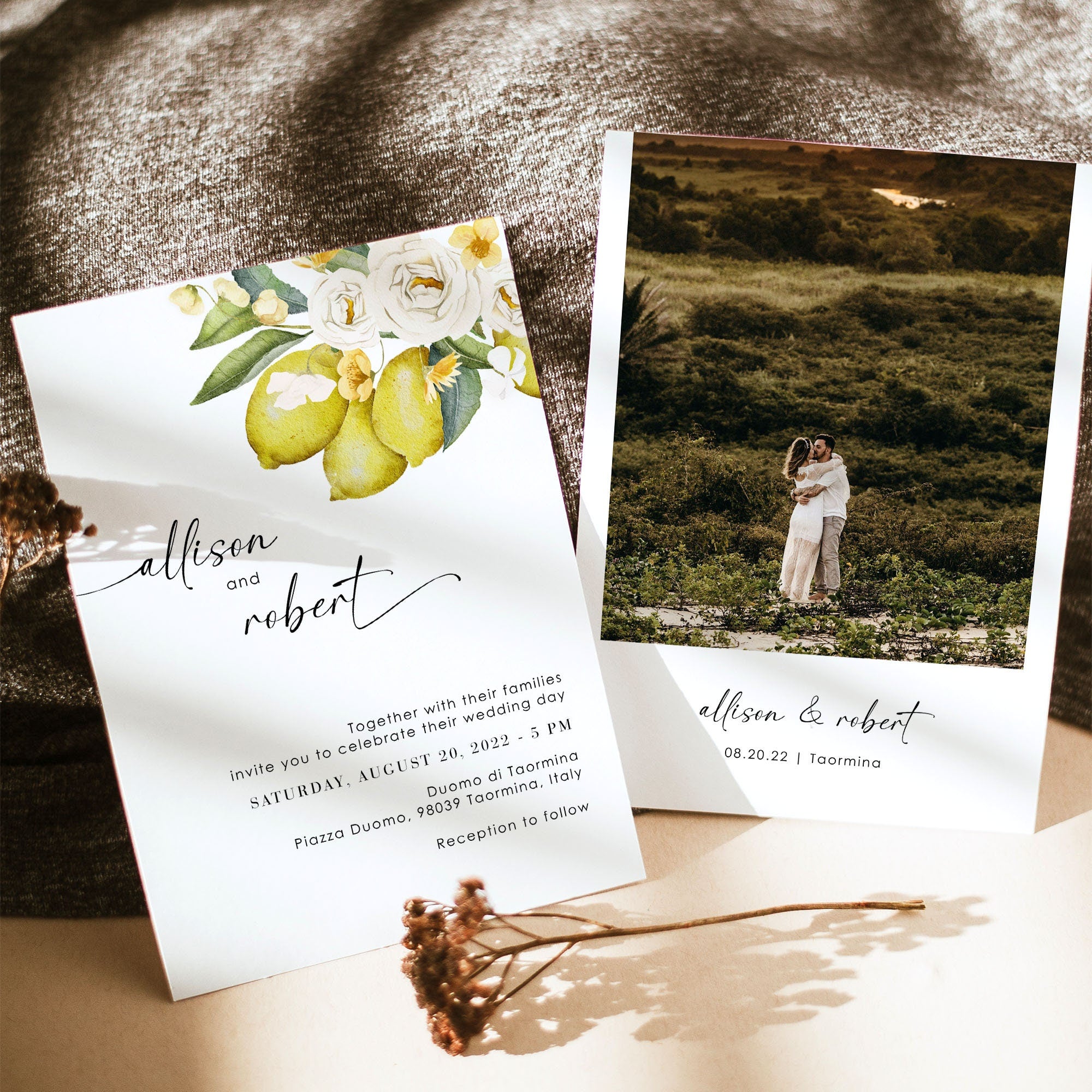 AMELIA Flowers &amp; Lemon Wedding Invitation Suite Template