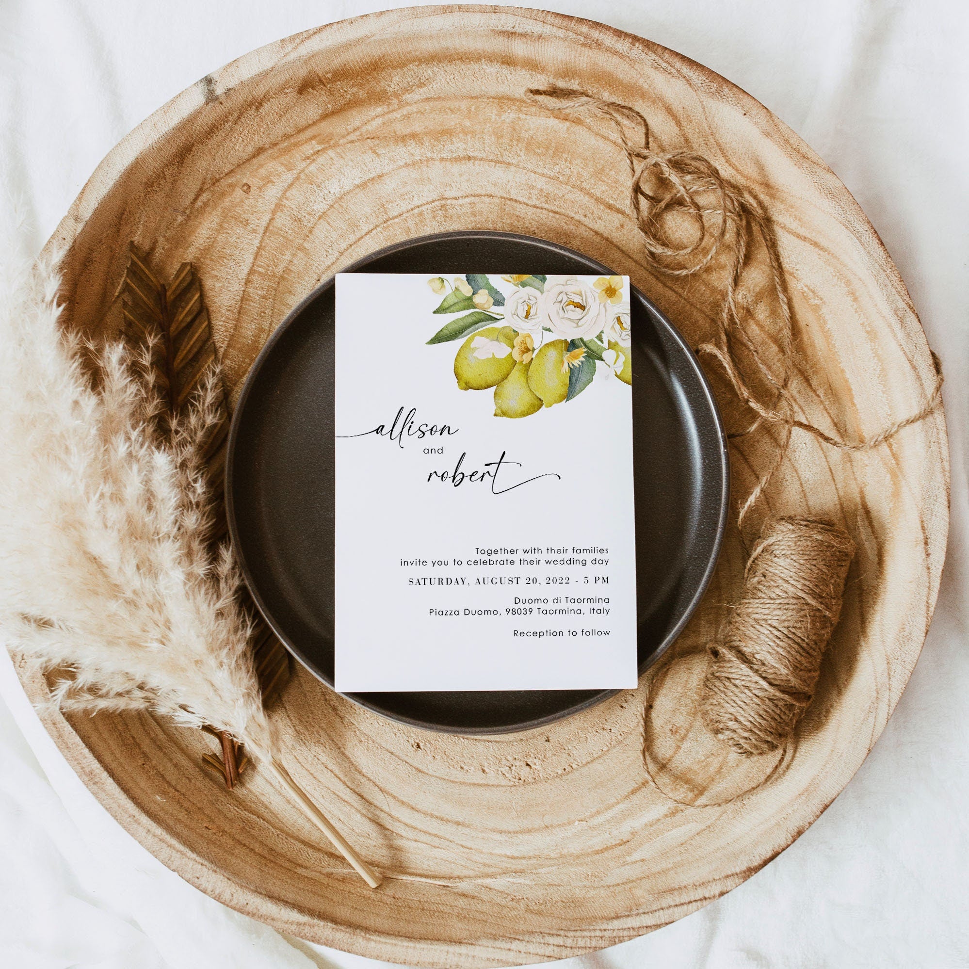 AMELIA Flowers &amp; Lemon Wedding Invitation Suite Template