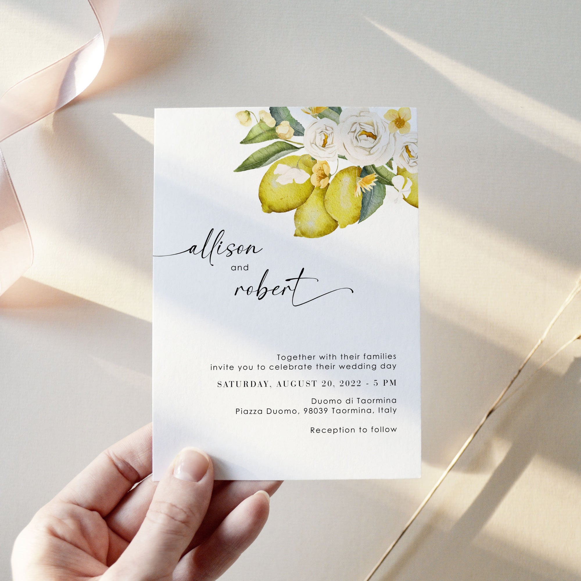 AMELIA Flowers &amp; Lemon Wedding Invitation Suite Template