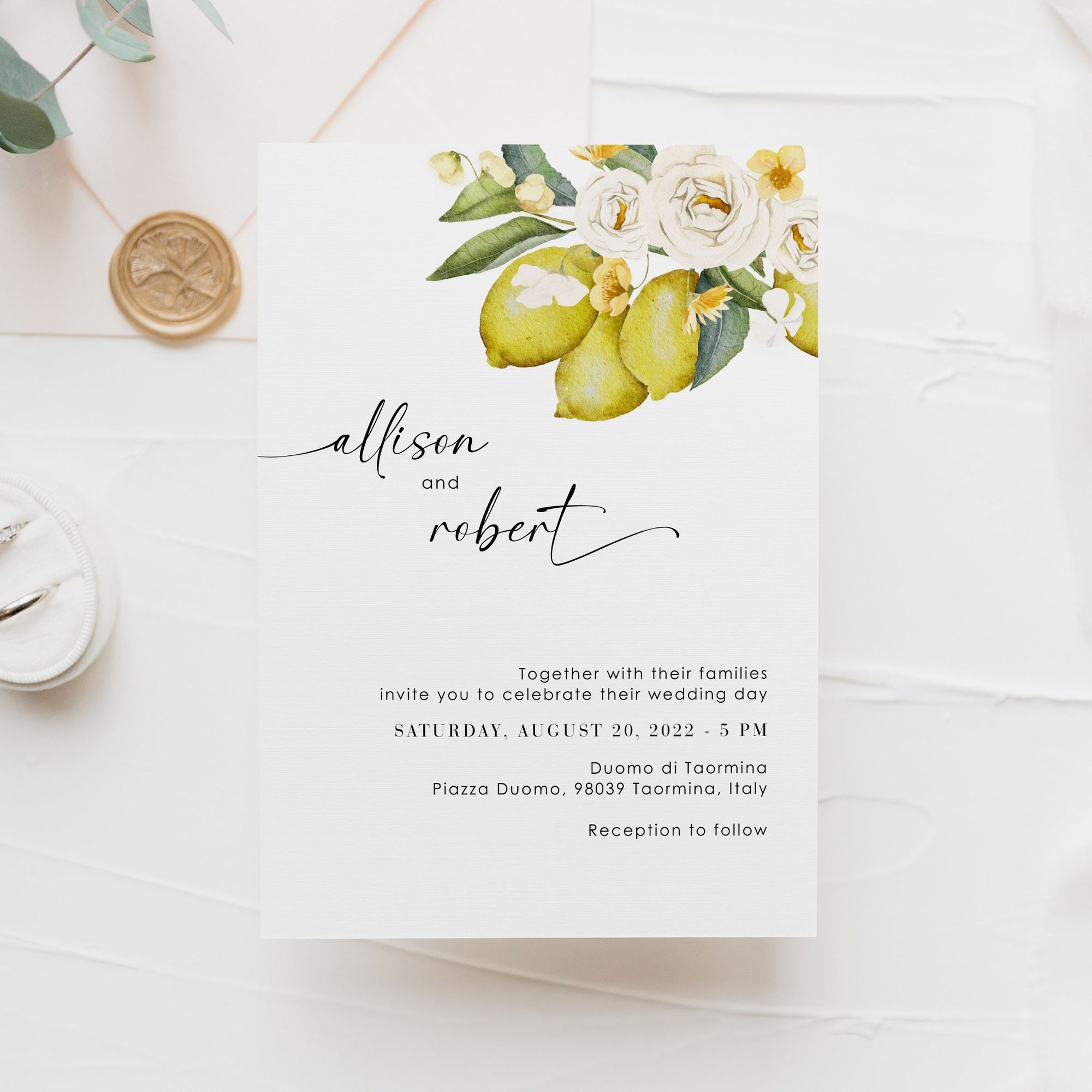 AMELIA Flowers &amp; Lemon Wedding Invitation Suite Template