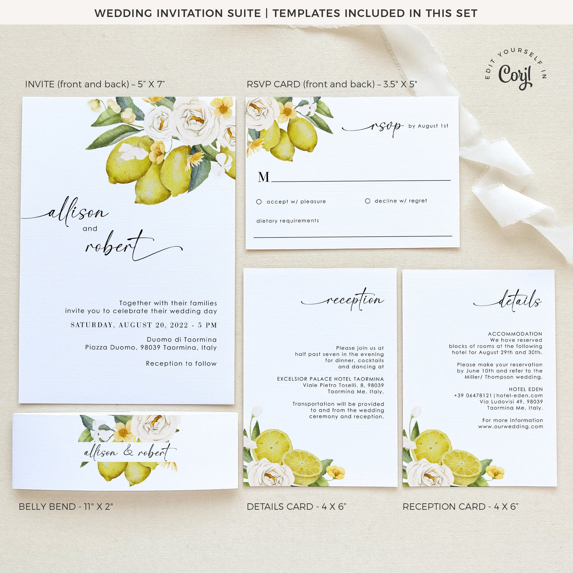 AMELIA Flowers &amp; Lemon Wedding Invitation Suite Template