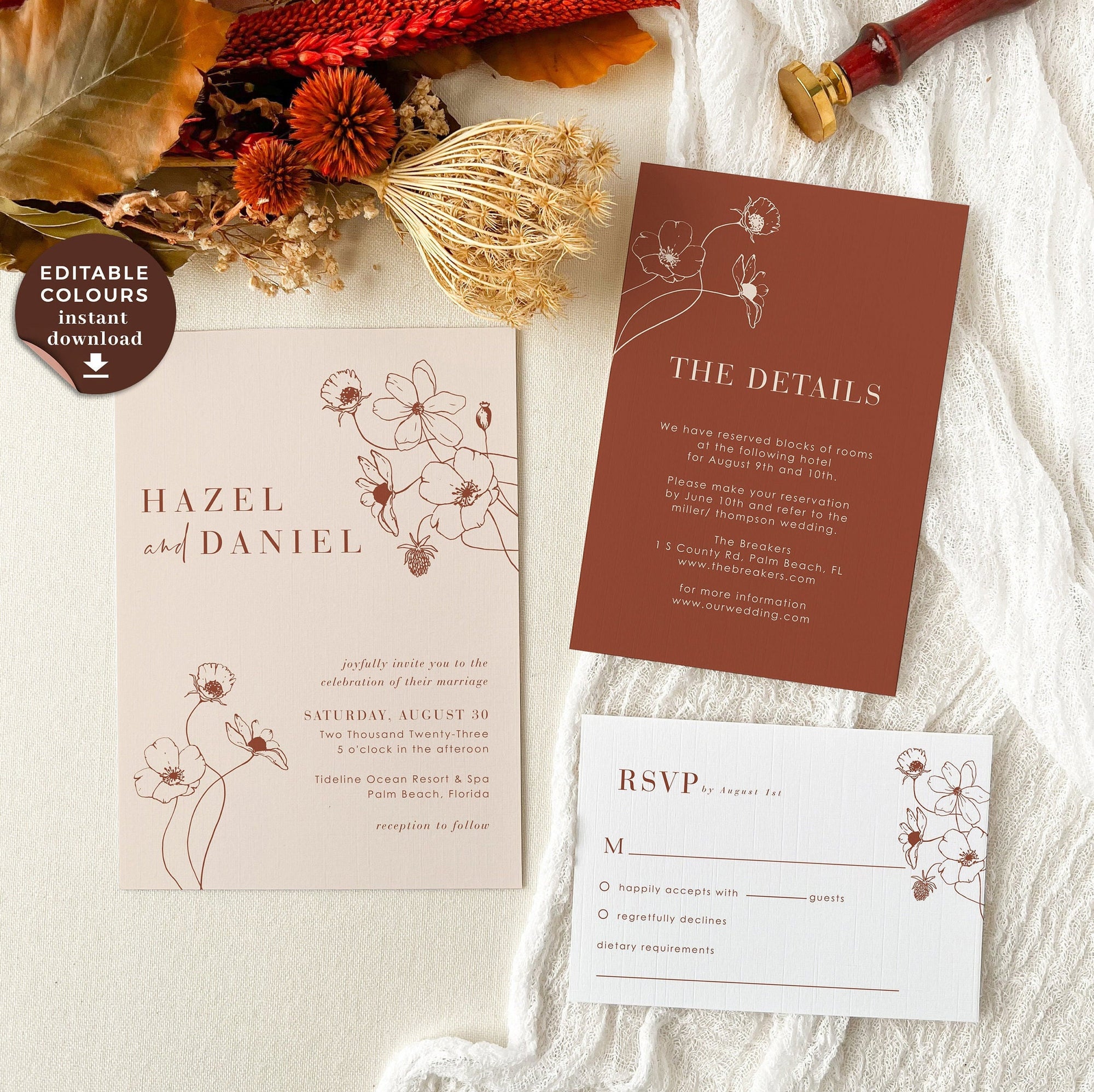 HAZEL Terracotta Boho Wedding Invitation Suite Printable
