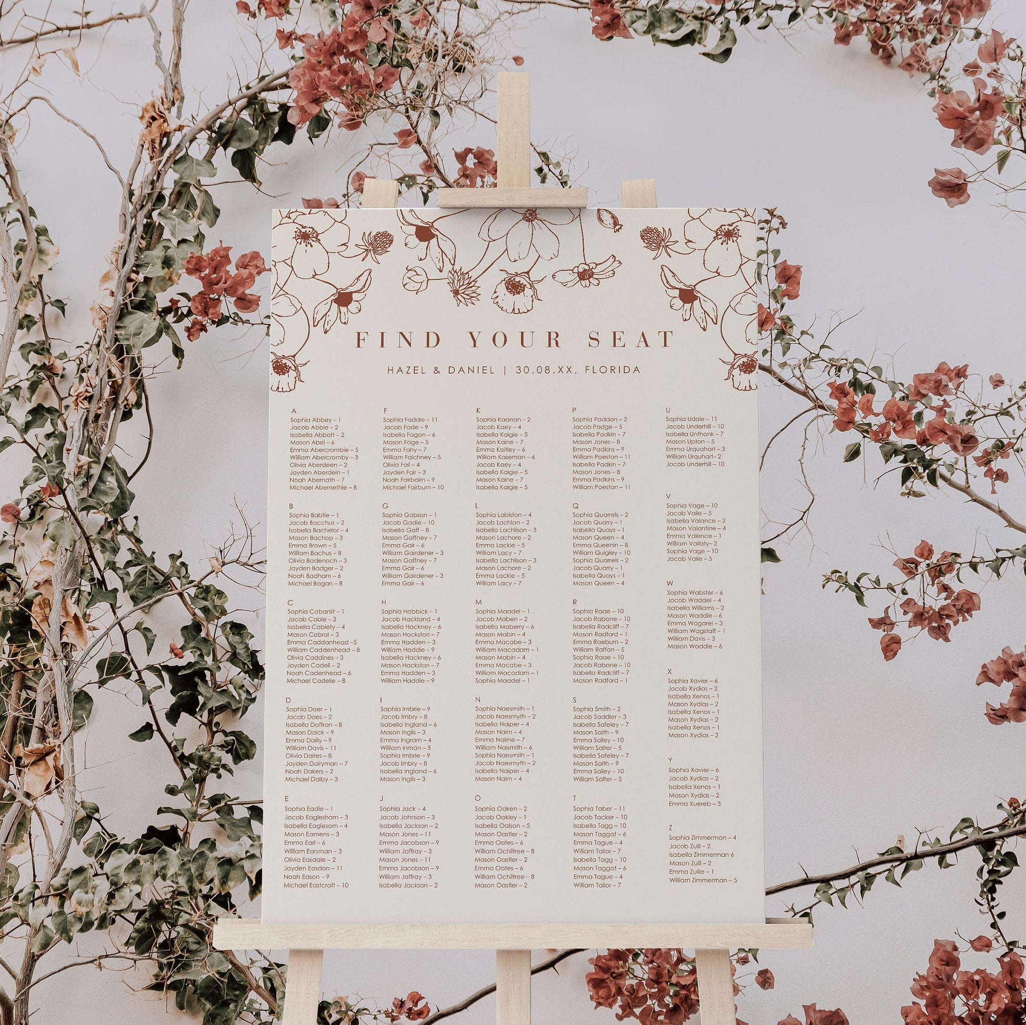 HAZEL Terracotta Wedding Seating Chart Alphabetical