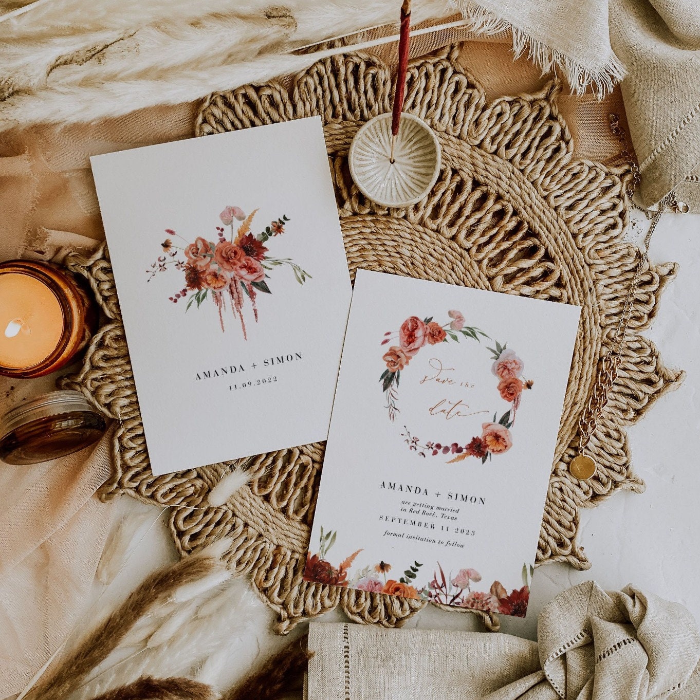 SCARLETT Rustic Boho Save the Date Cards