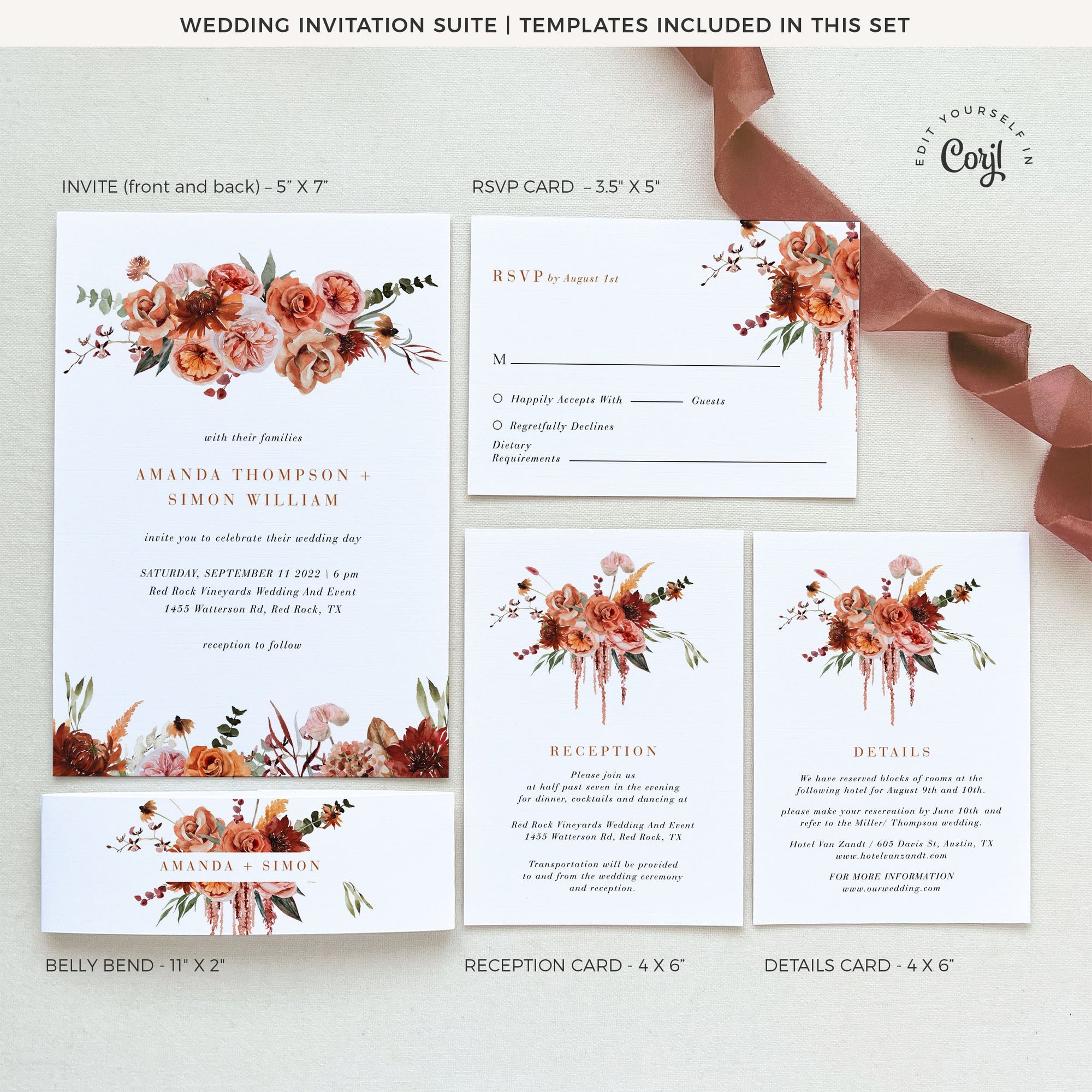 SCARLETT Bohemian Wedding Invitation Template Set